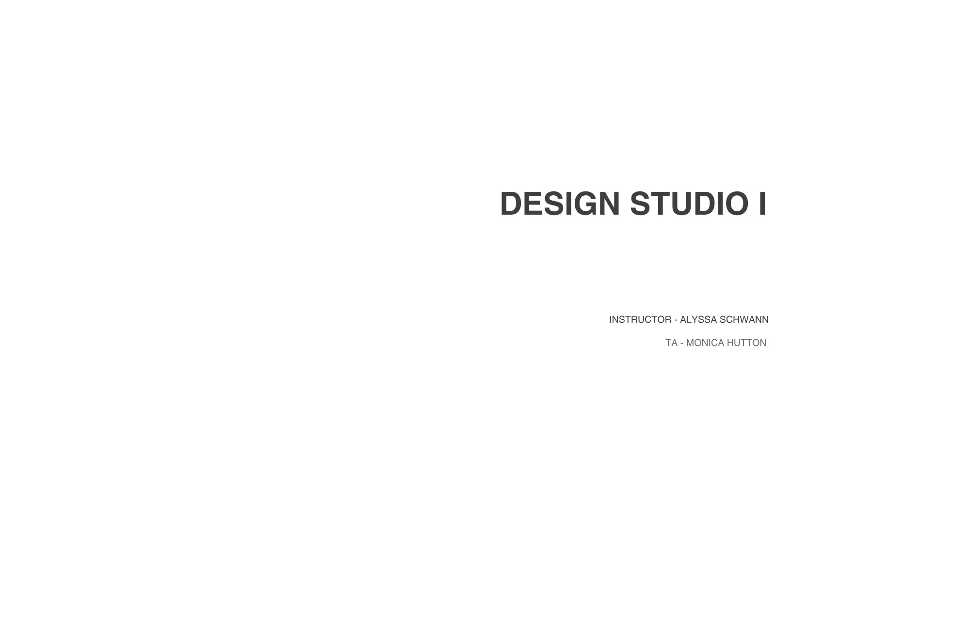 Title slide for a design studio course, displaying the course name, instructor, and teaching assistant names.