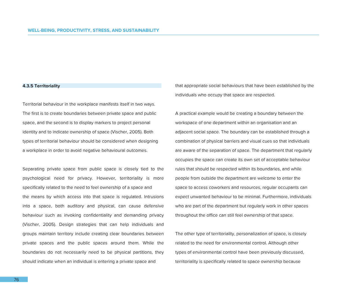 Page from a document on well-being, productivity, stress, and sustainability, discussing the concept of territoriality in workplace behavior, including boundaries, personal space, and space ownership.