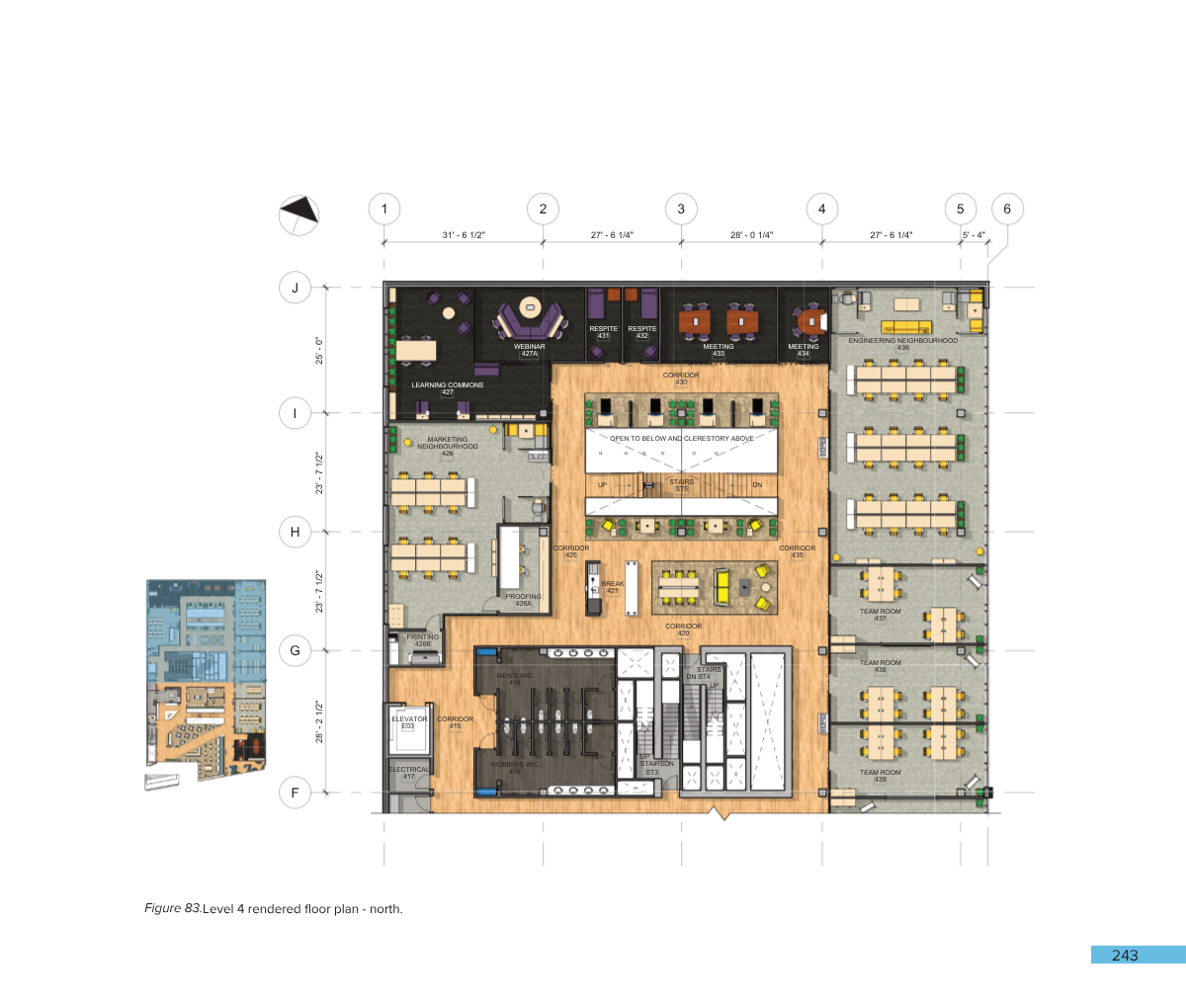 Detailed floor plan of a building's fourth level, showing rooms such as learning commons, seminar areas, meeting rooms, engineering neighborhood, team rooms, corridors, staircases, elevators, and bathrooms.