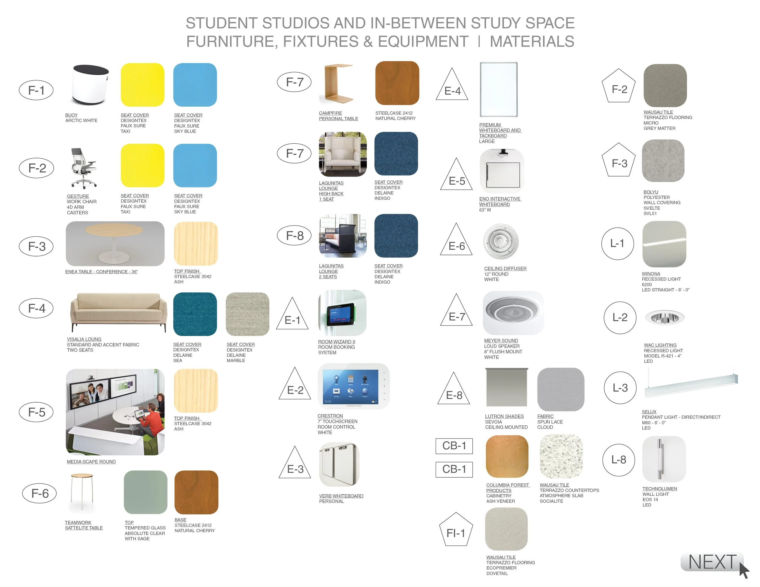 Floor plan diagram of student studios and in-between study spaces, showing furniture, fixtures, and equipment with labels and color swatches.