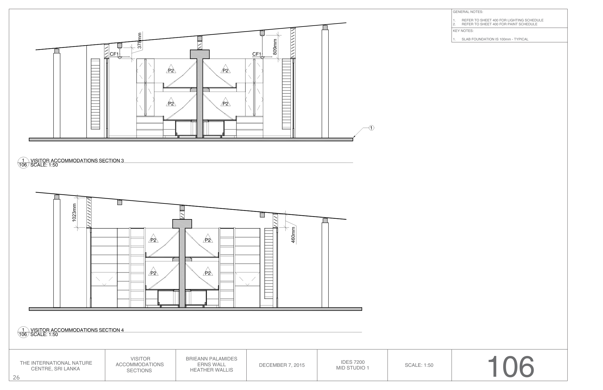 Architectural drawing of visitor accommodations section in Sri Lanka with detailed measurements and construction notes.