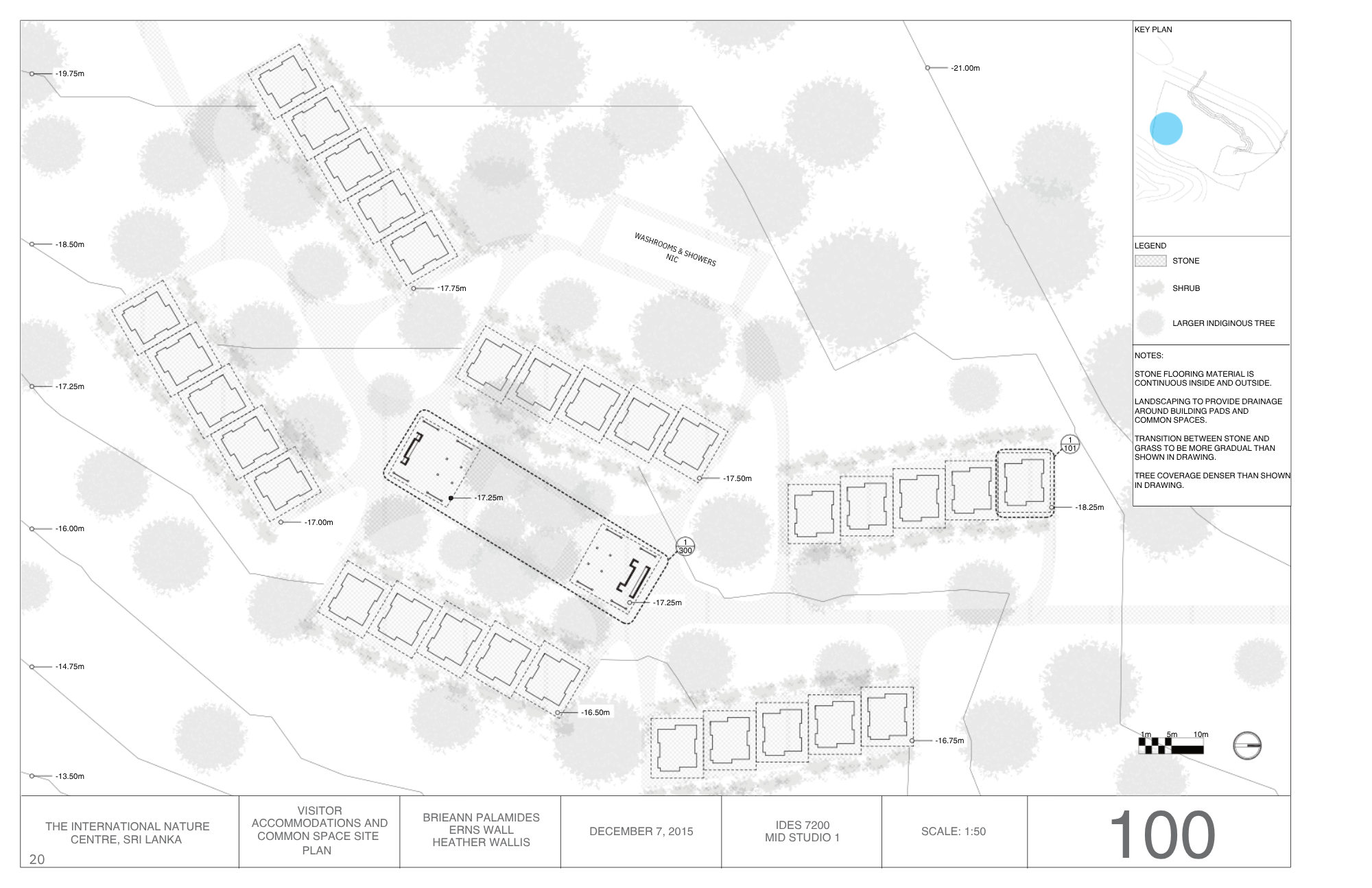 A detailed site plan drawing of the International Nature Centre in Sri Lanka, dated December 7, 2015. It includes building outlines, landscaping features, trees, and drainage features, with scale 1:50. Labels and notes specify materials and design el