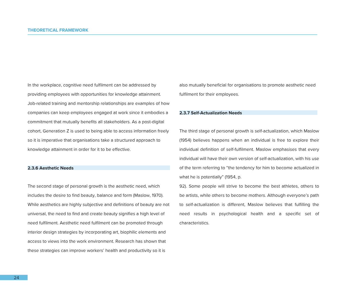 Page from a book or report discussing theories of personal growth and needs, including sections on aesthetic needs and self-actualization needs, with headings in blue.