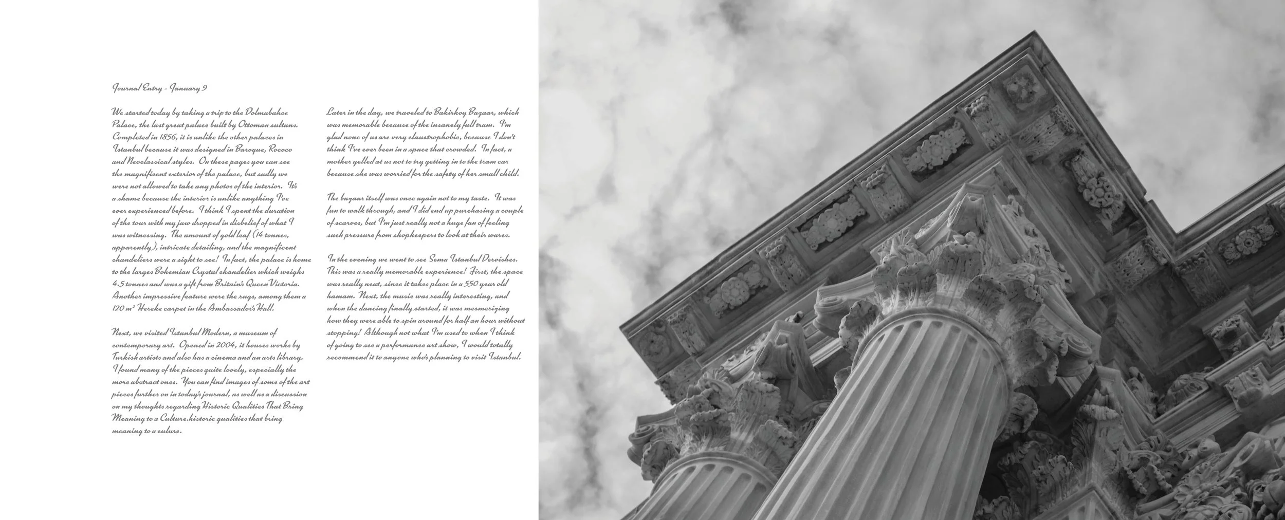 A black-and-white photograph of ancient Greek or Roman architectural columns and ornate capitals, viewed from below against a cloudy sky.
