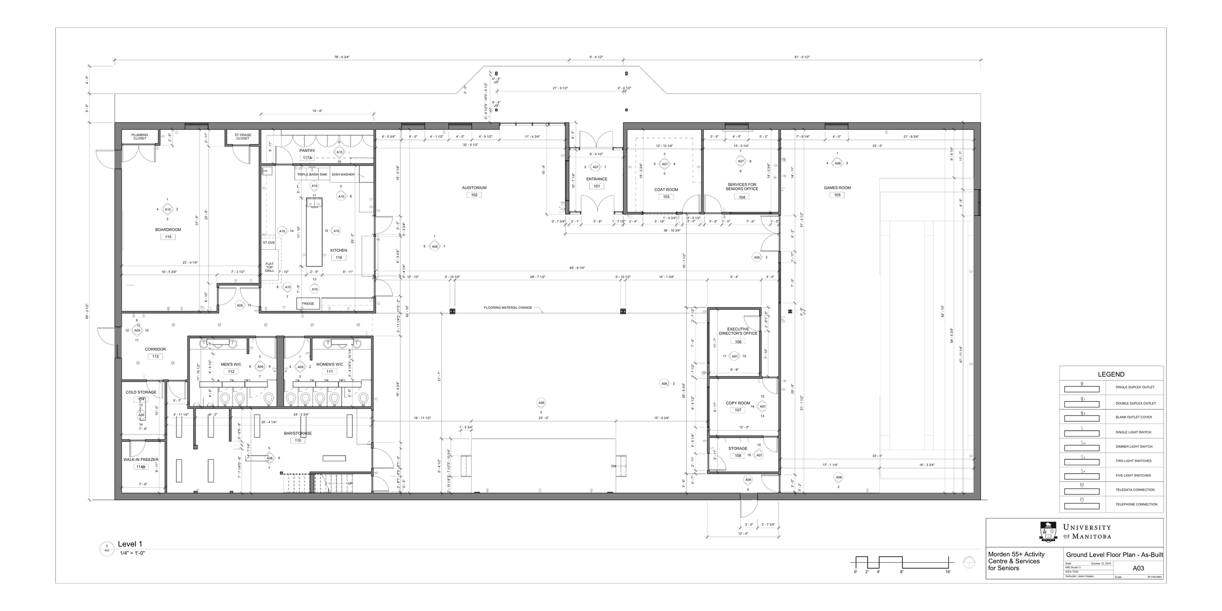 Architectural floor plan of a senior activity center, including rooms labeled auditorium, boardroom, kitchen, conference room, men's and women's restrooms, storage, offices, and other facility areas, with measurements and legend.