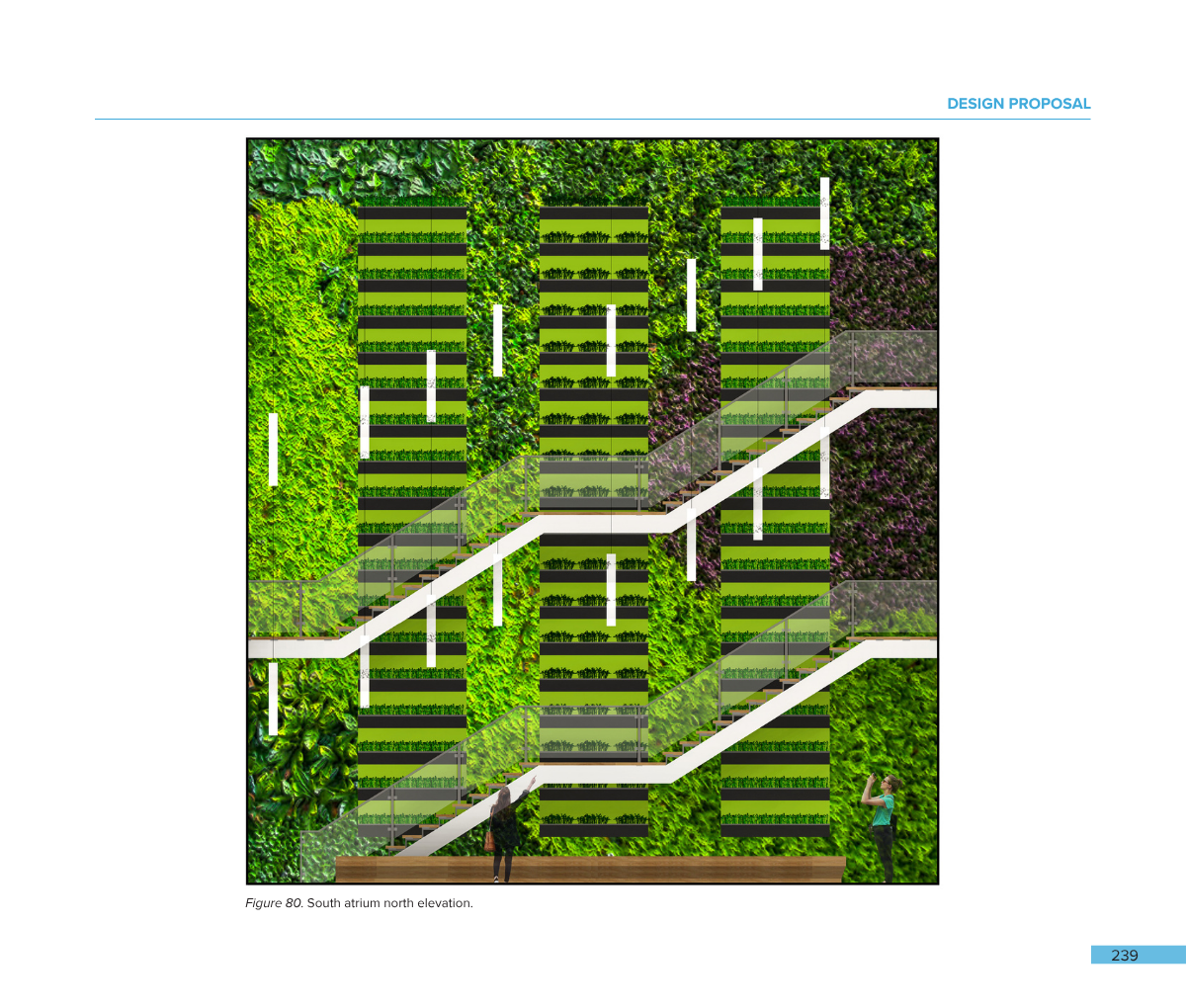 Architectural design plan for a green building with multiple terraces and staircases, featuring a living wall with lush plants on the south atrium's north elevation.