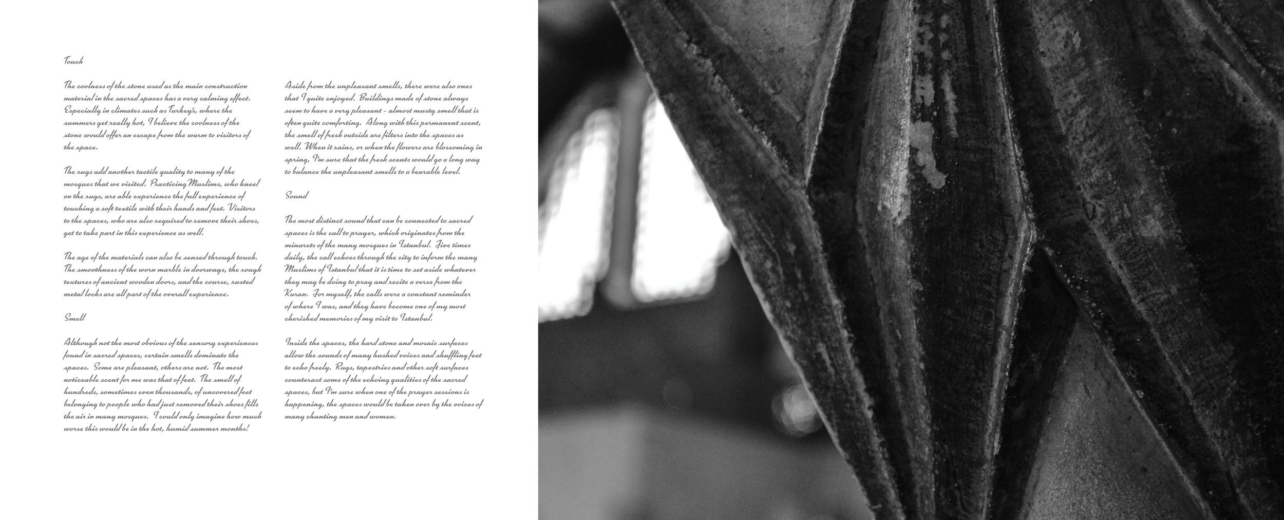 A close-up black and white photo of a textured stone sculpture with intricate carvings, accompanied by a page of handwritten text.