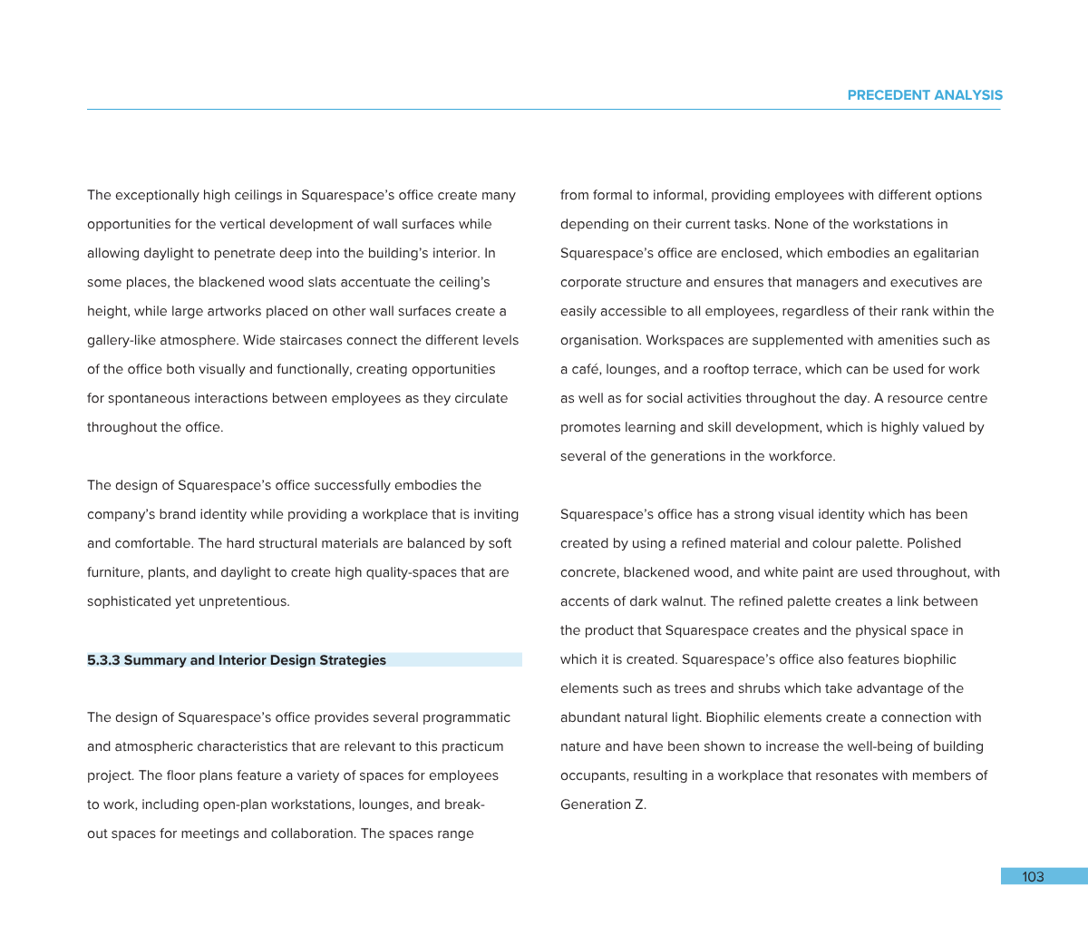A two-page spread of a document discussing office design, architecture, interior strategies, and organizational features.