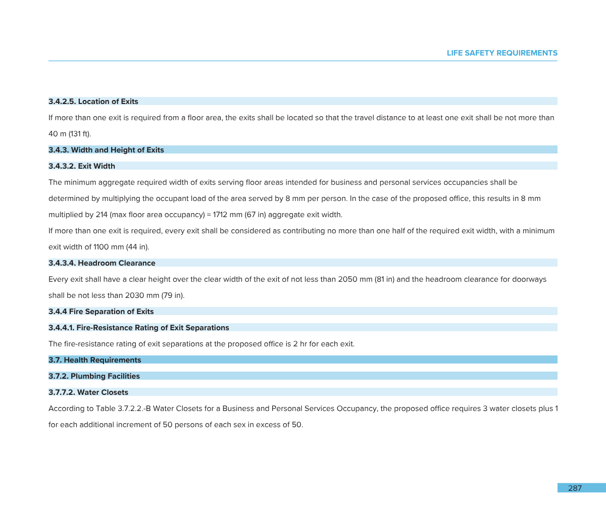A page from a safety regulations document with sections about fire exits, headroom clearance, and water closets.