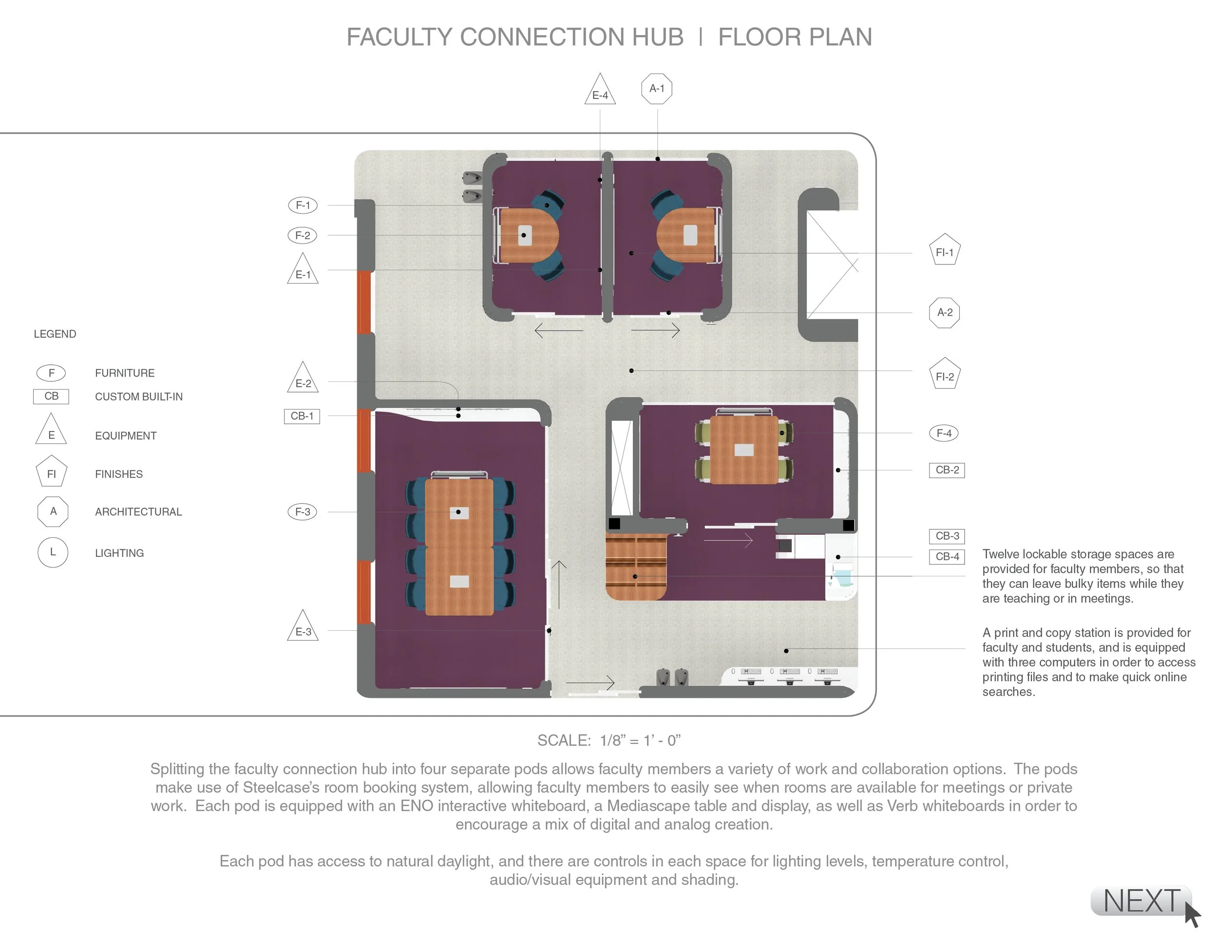Detailed floor plan of a faculty connection hub, showing various rooms, workspaces, and features, with a legend and annotations for furniture, equipment, finishes, and lighting.