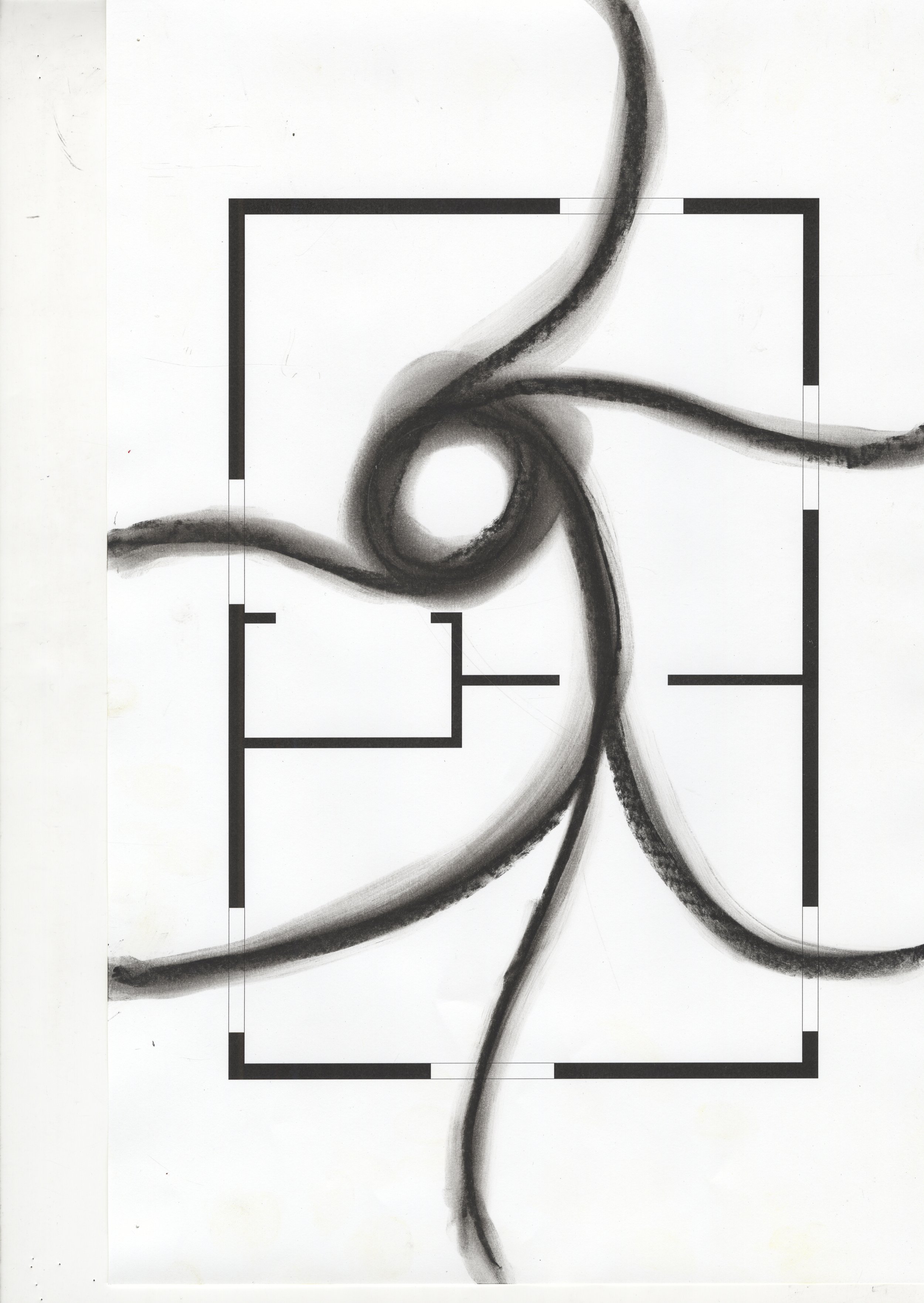 Black and white abstract art featuring bold, flowing lines and a central circular shape, enclosed within a black rectangular border.