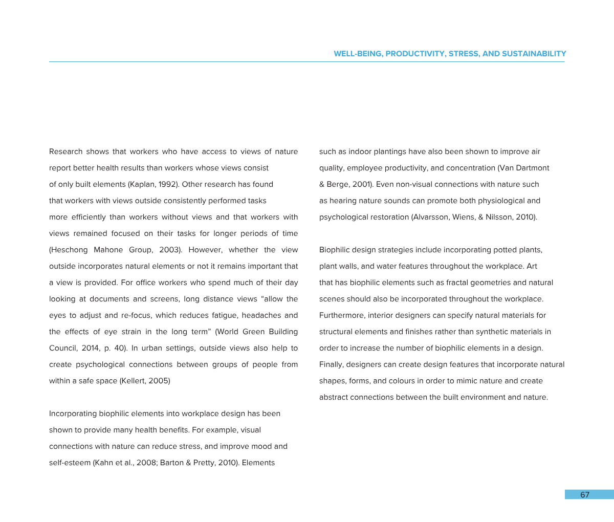Page 67 of a document discussing well-being, productivity, stress, and sustainability, with text related to biophilic design and nature's benefits in workplace and urban settings.
