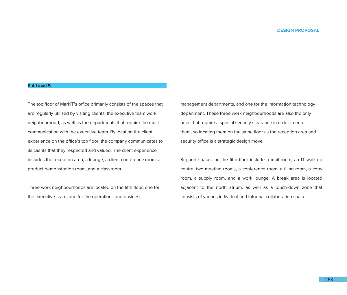 A page from a design proposal document with a blue header labeled '8.4 Level 5'. The page has multiple paragraphs discussing office space layout, work neighborhoods, and support spaces. The page number, 253, appears at the bottom right corner.