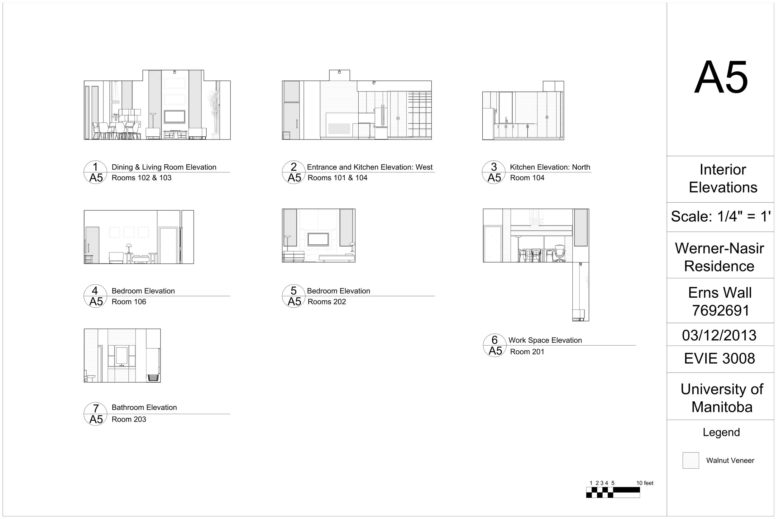 Architectural interior elevations of a residence, including dining & living room, kitchen, bedrooms, bathroom, and workspace, with detailed annotations.