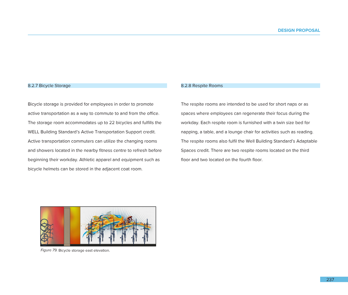 Page from a design proposal document with sections on bicycle storage and respite rooms, including a diagram of east elevation of bicycle storage.