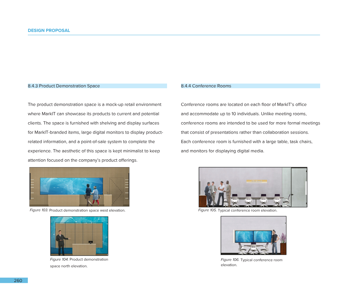 Page from a design proposal, showing two images of conference rooms and product demonstration spaces with descriptive text.