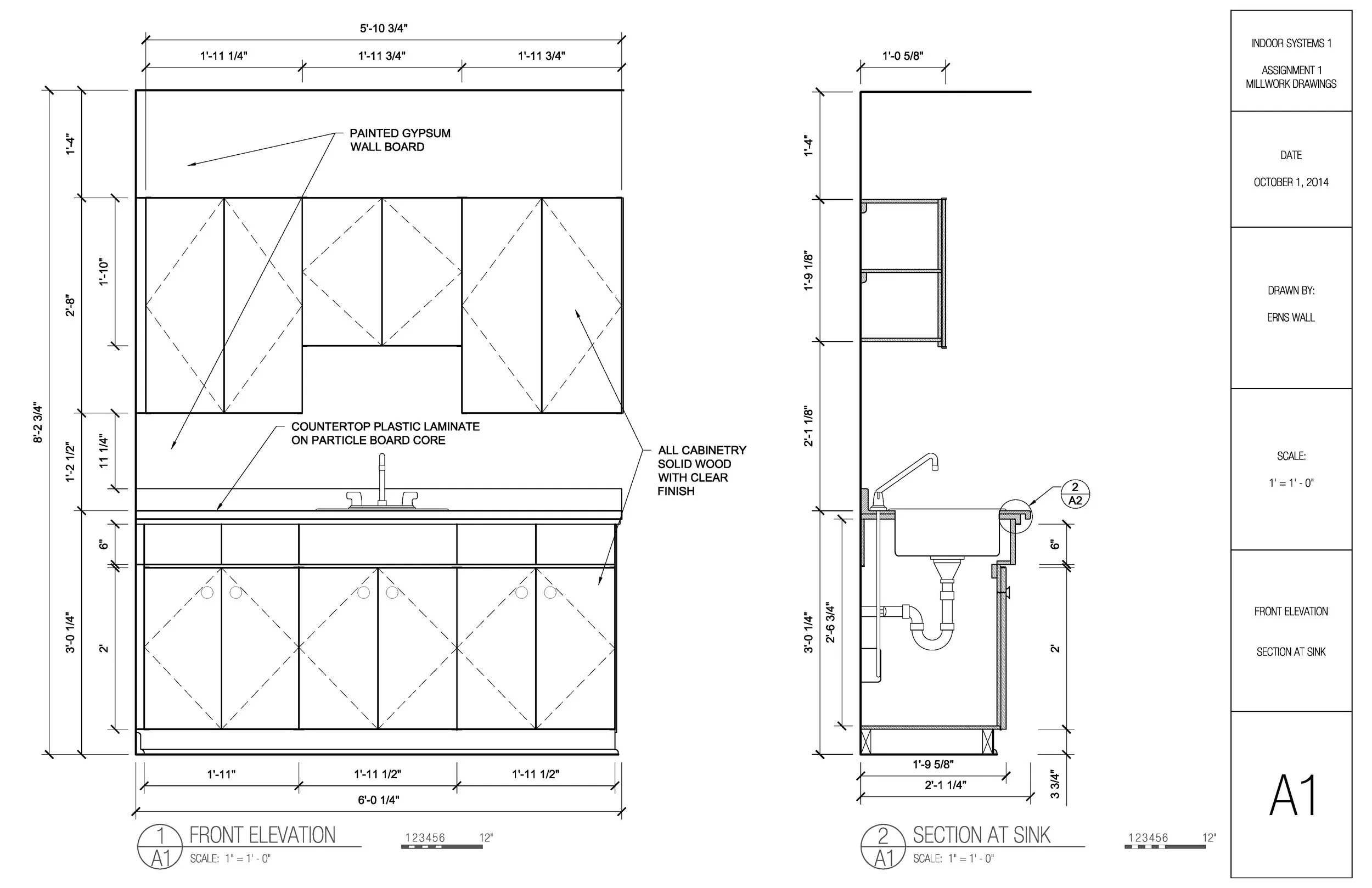 Architectural blueprint of a bathroom vanity and wall cabinet, with measurements, annotations, and details for construction.