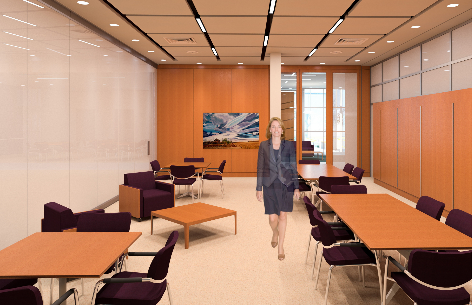 A woman in a business suit walking through a conference room with wooden tables and purple chairs, a large window with blinds, and a wall decorated with a painting of a cloudy sky over a field.