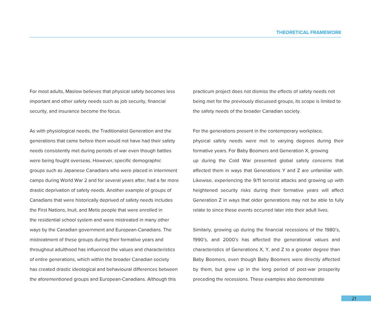 A two-page spread of a document with the header 'THEORETICAL FRAMEWORK' in blue font. The pages contain paragraphs of text discussing safety needs across different generations and historical contexts. The bottom right corner of the right page display