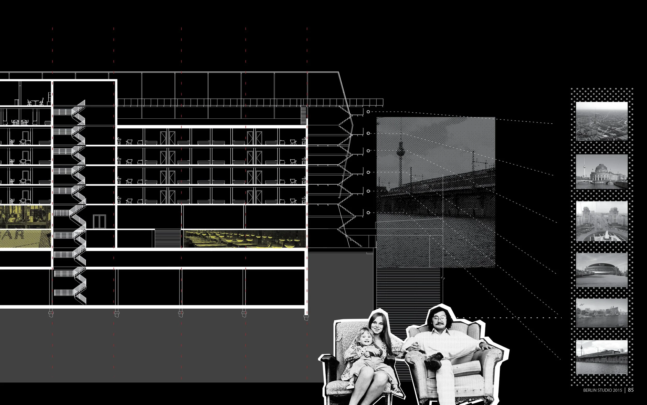 Architectural blueprint with sectional view of a building, including stairs, floors, and rooms. On the right side, a montage of cityscape and landmark images, with a black-and-white family photo at the bottom.