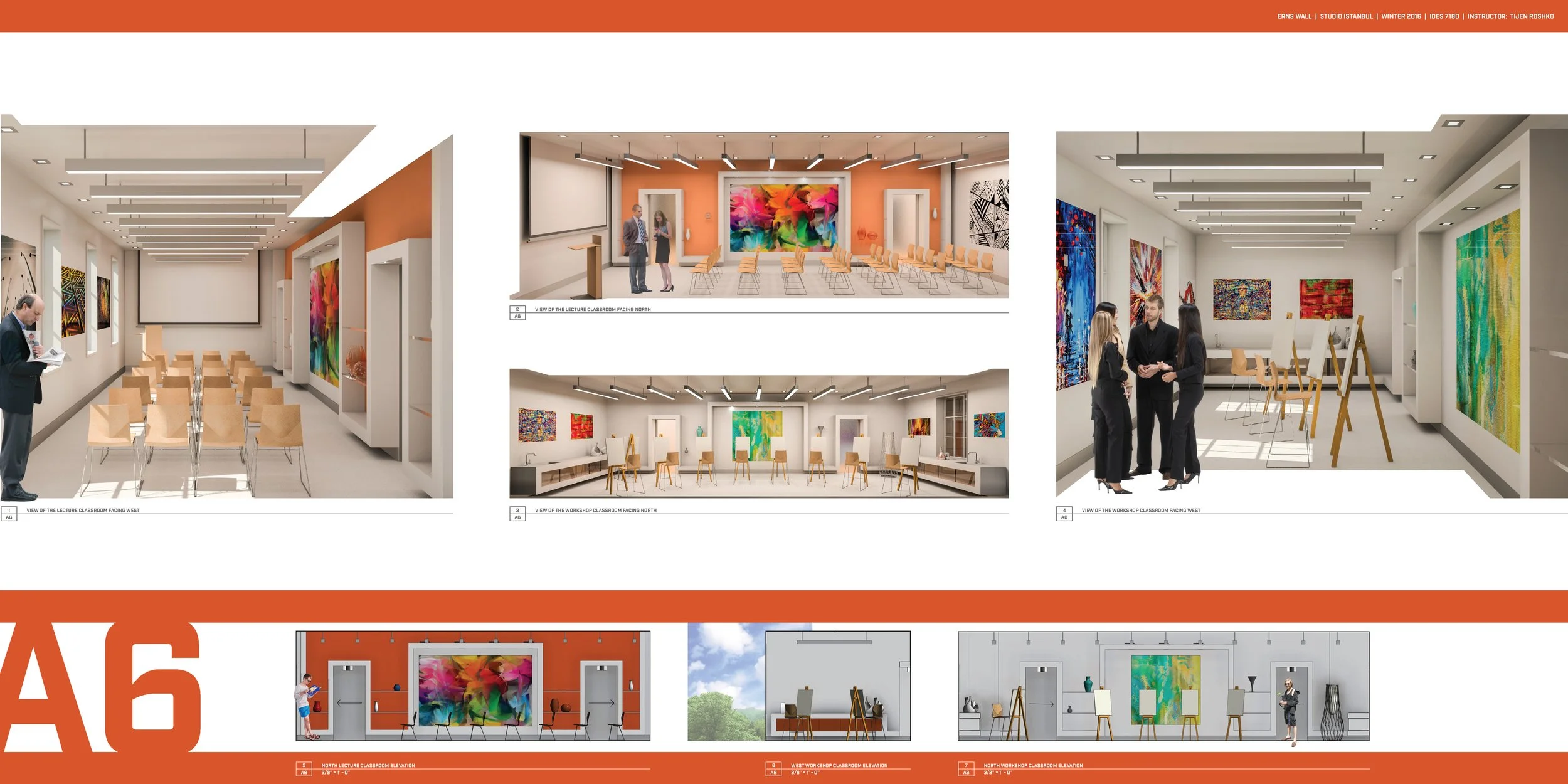 Design plans and renderings for various interior rooms of an art gallery or museum, including lecture classrooms, workshop classrooms, and display areas with colorful artwork and modern furniture.