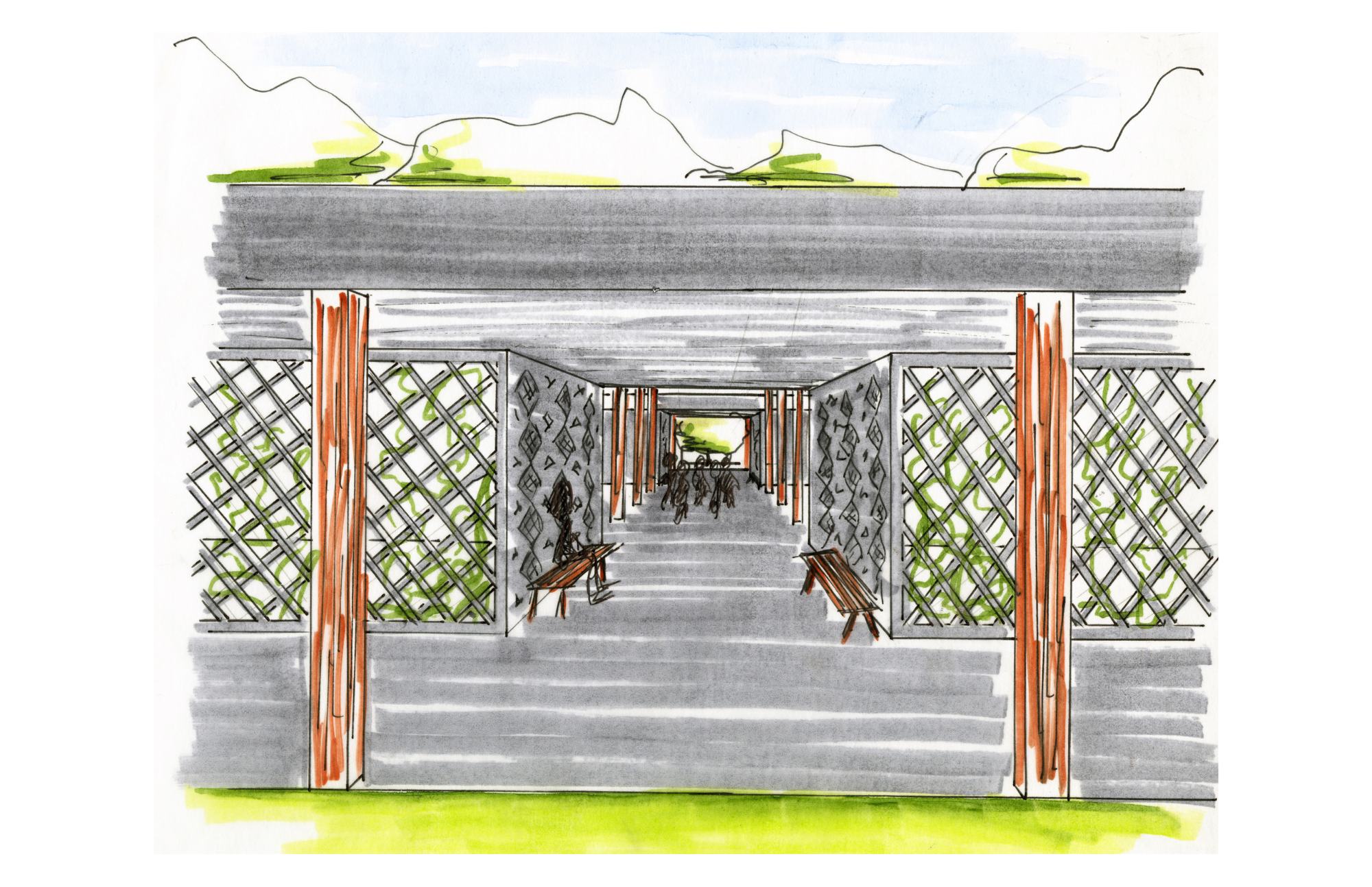 Colorful architectural sketch of a garden or park entrance with a gate, benches, greenery, and a cityscape in the background.