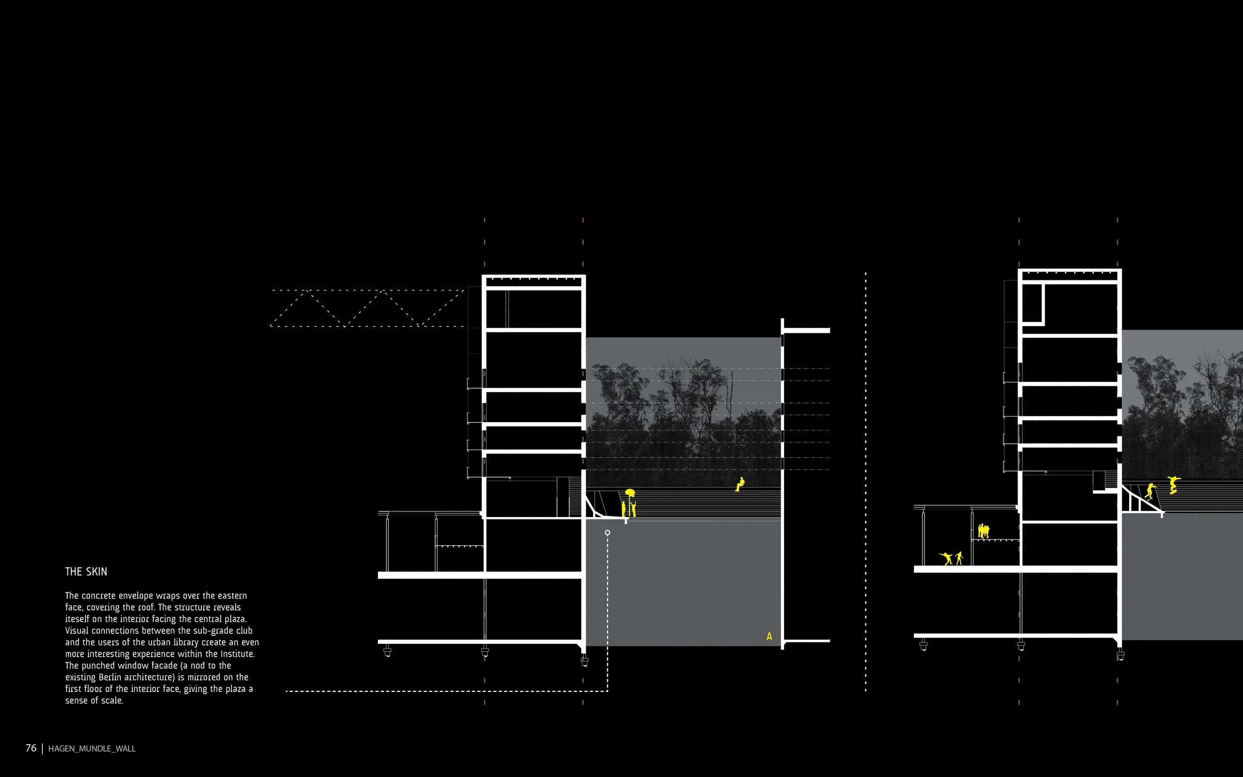 Architectural drawing of a multi-story building section with structural details. The drawing includes small yellow human figures for scale, trees, and descriptive text at the bottom.