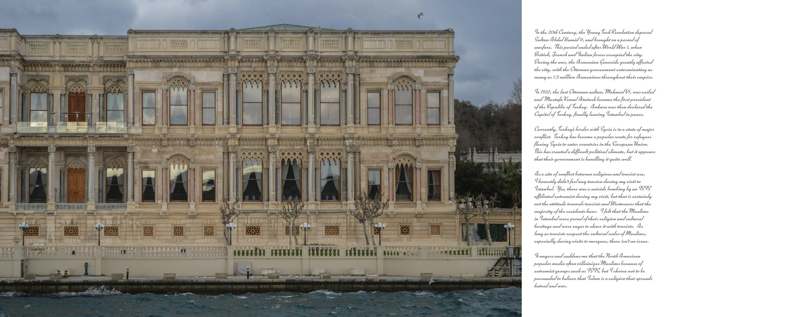 An ornate, historic building along a waterfront with trees and a cloudy sky in the background, and a block of text on the right side.