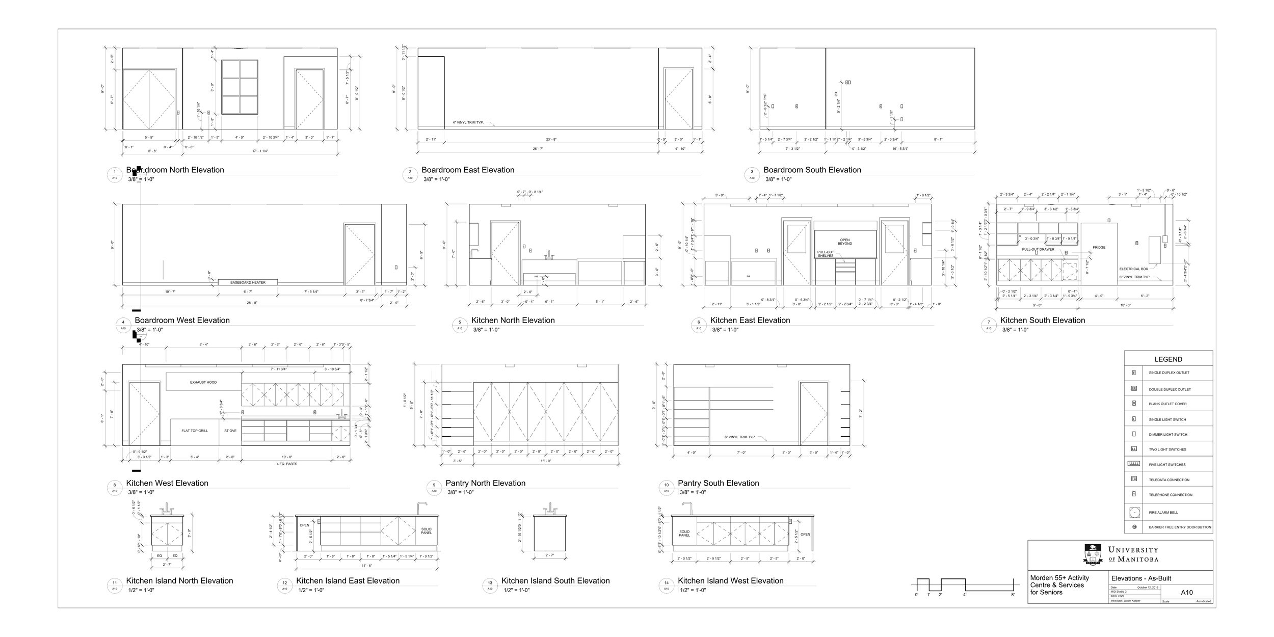 Blueprint of a building with detailed elevations and measurements, including kitchen, pantry, and boardroom designs from University of Manitoba.