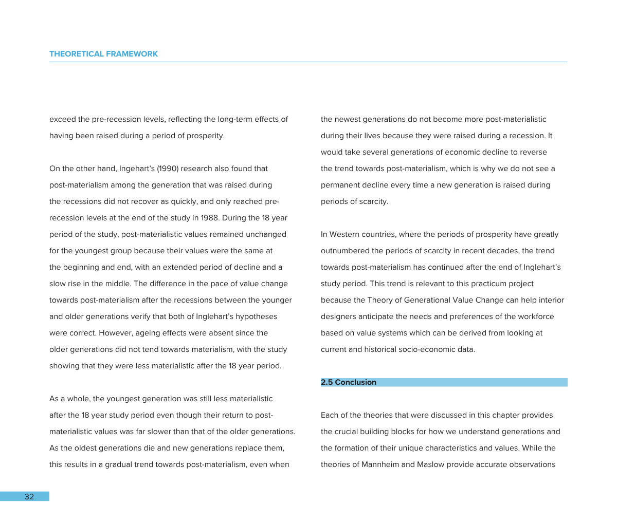 A page from a book or academic paper with a section titled '2.5 Conclusion' and the text discussing generational value change, post-materialism, and economic trends.