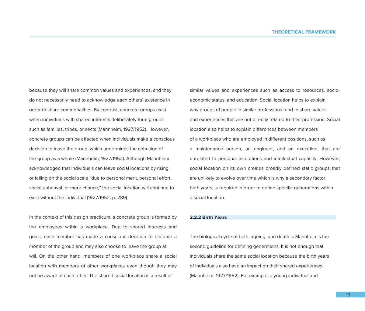 Page of a document titled 'Theoretical Framework' with text discussing social groups, social location, and birth years, and a small section heading '2.2.2 Birth Years' highlighting the start of a new topic.
