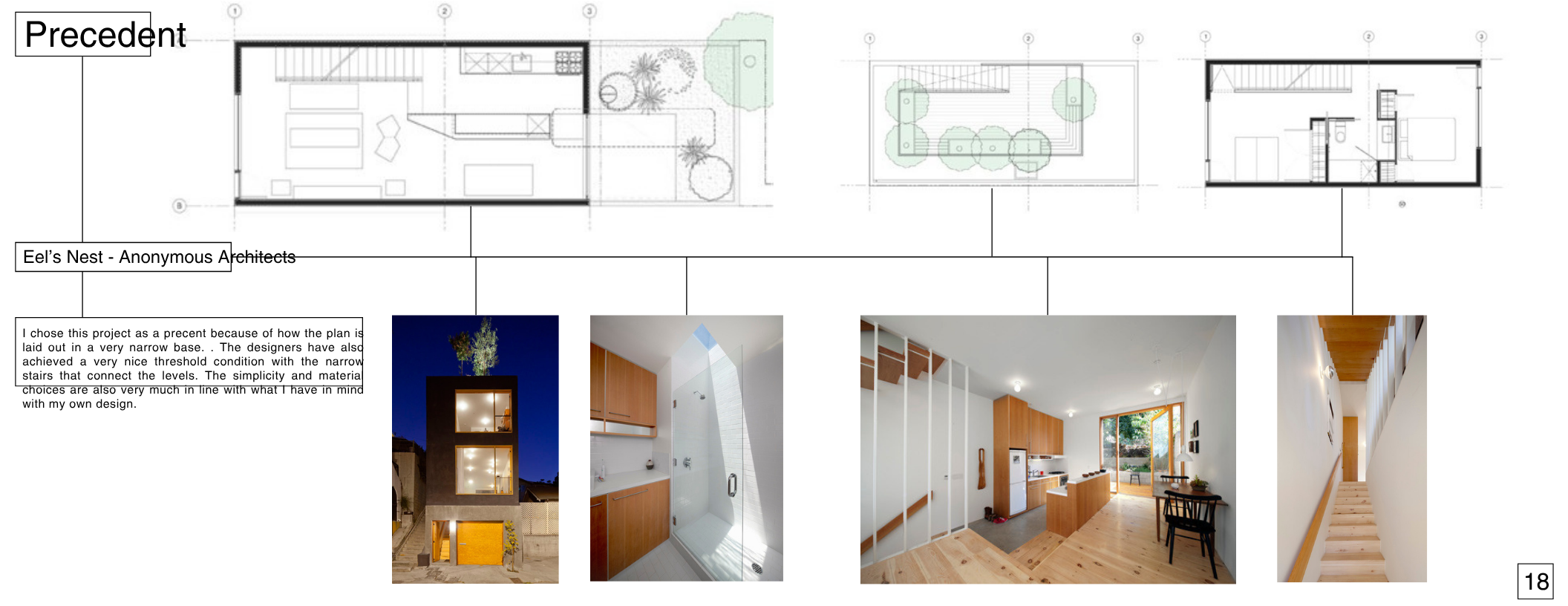 Architectural design plan and photographs of a modern, minimalist house interior and exterior, including a night view of the house with large windows, a bathroom with a skylight, a kitchen with wooden cabinets, and a staircase inside the house.