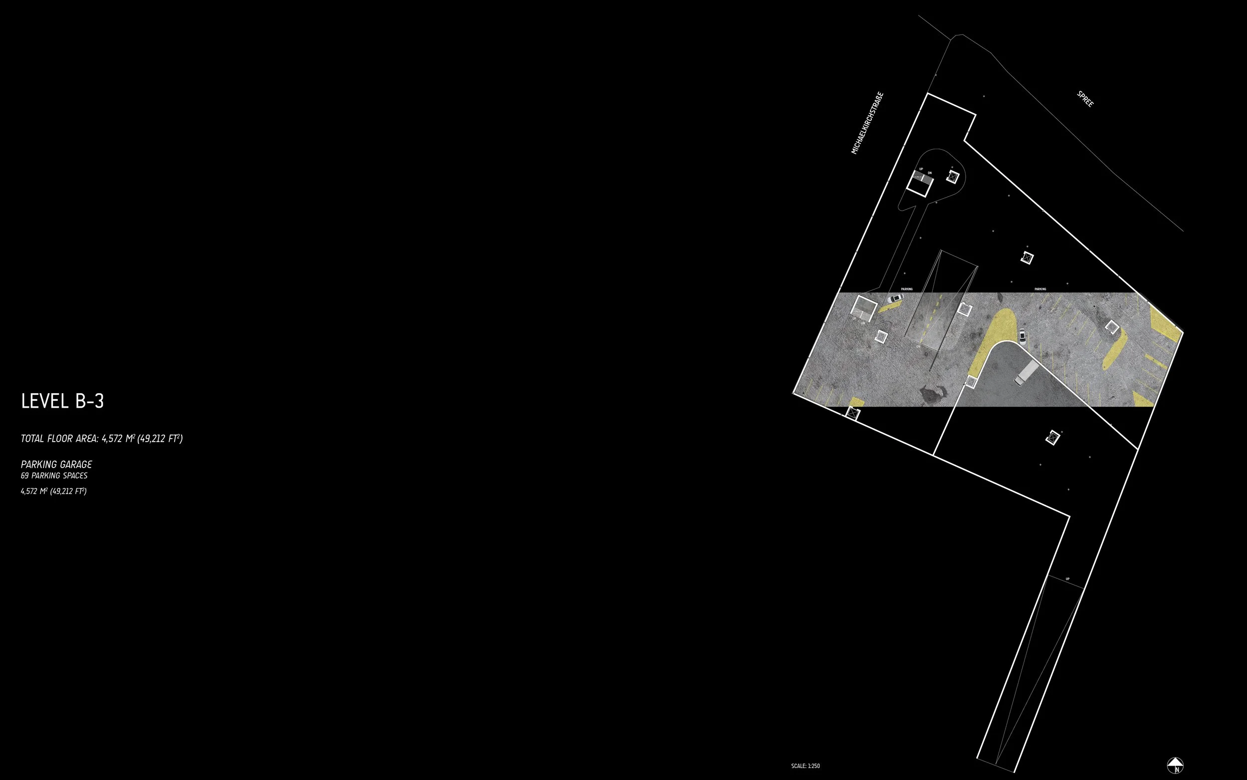 Architectural floor plan of a parking garage level B-3 with a total area of 4,572 square meters, showing parking spaces, driveways, and structural elements, with labeled streets and scale.