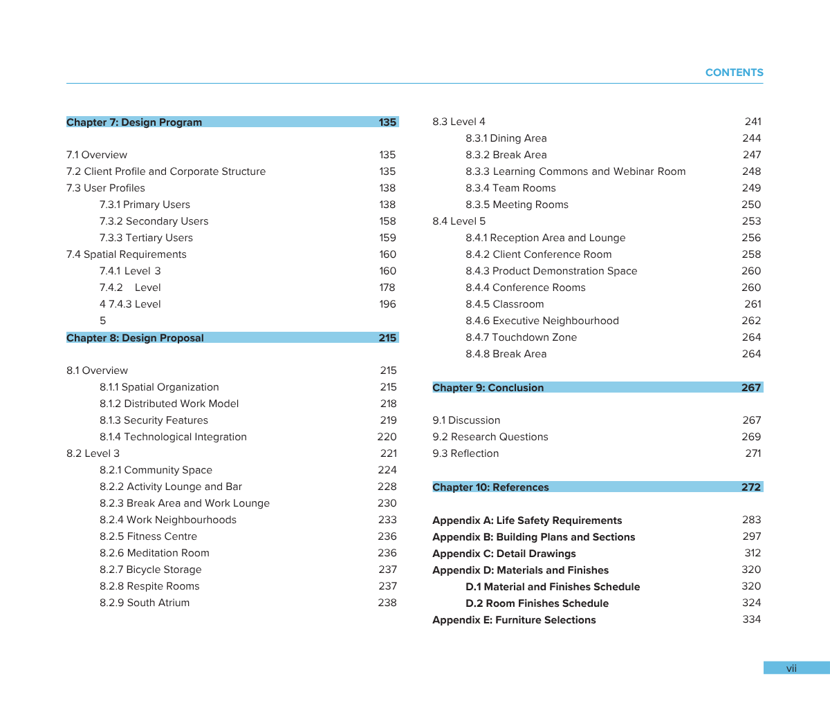 Table of contents from a document, including chapters on design program, proposal, conclusion, and references, with sections on user profiles, spatial requirements, design features, and building sections.