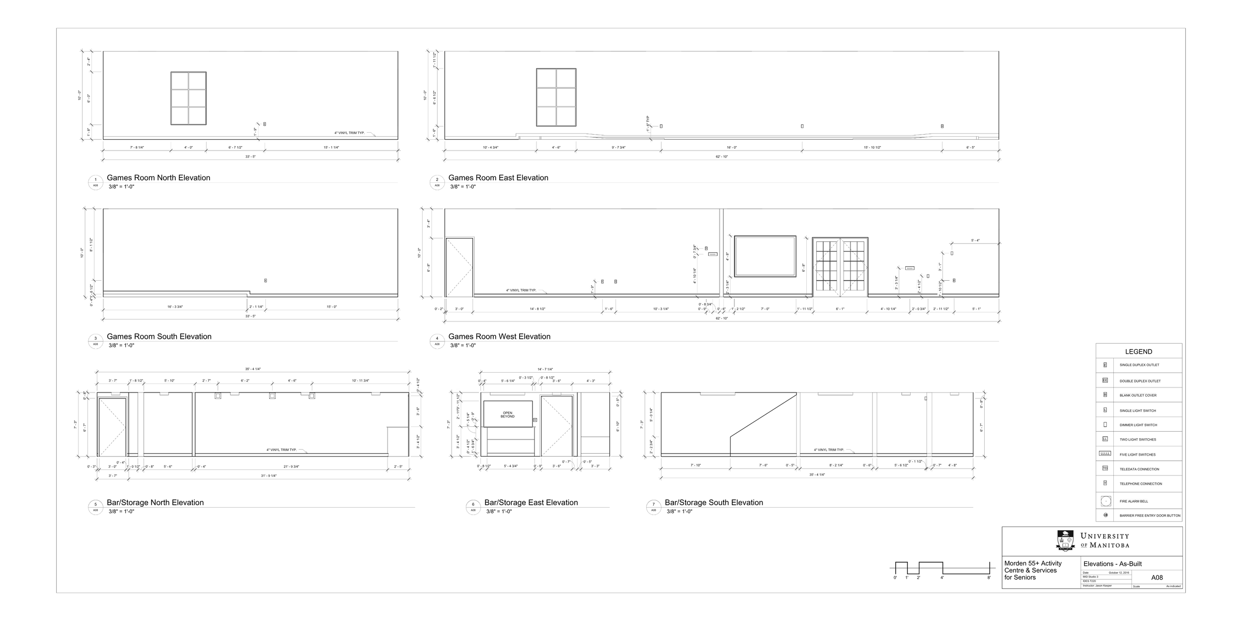 Architectural blueprint of a building's game room and bar/storage areas, including elevation views with measurements and legends.