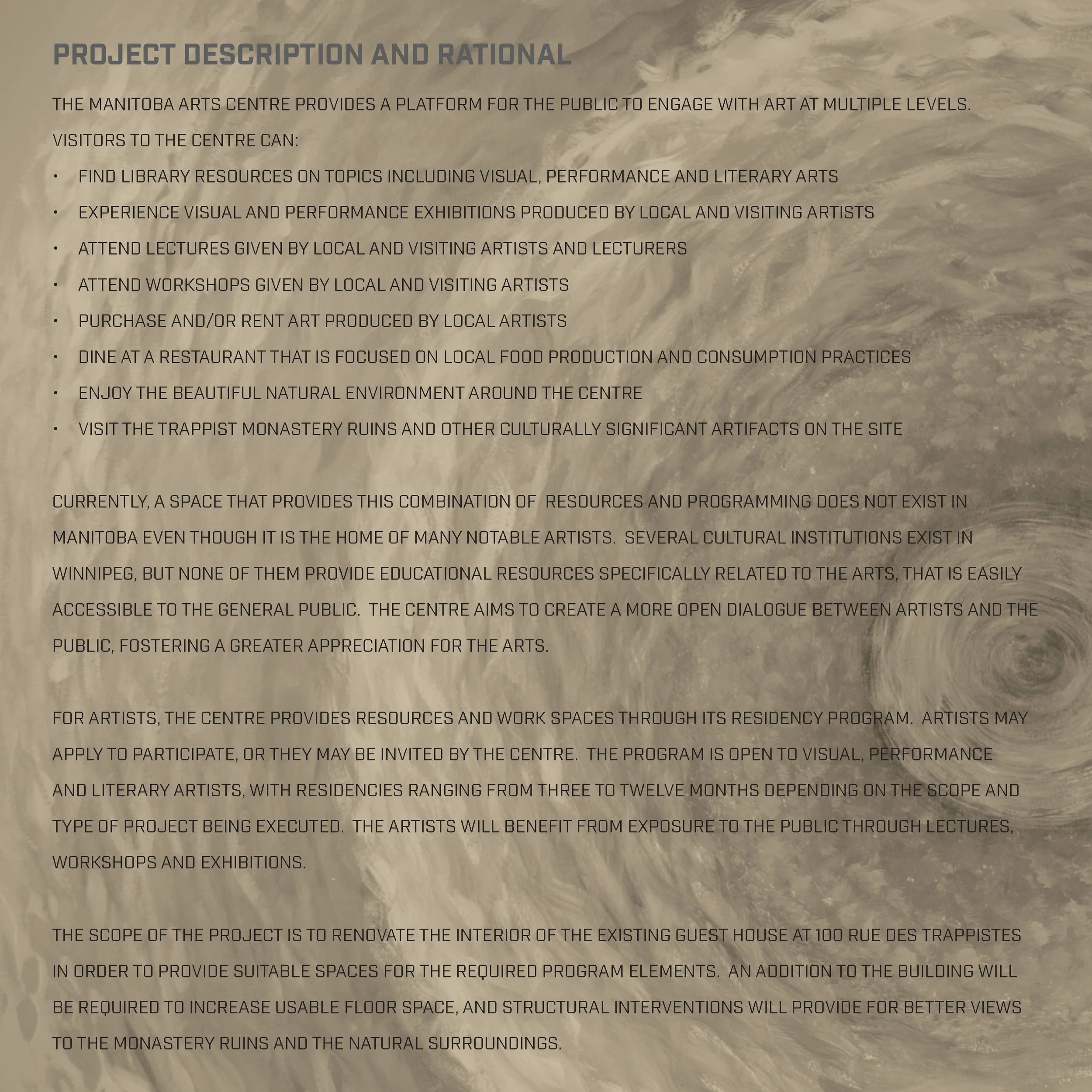 Text on a textured background presenting a project description about the Manitoba Arts Centre and its community engagement initiatives.