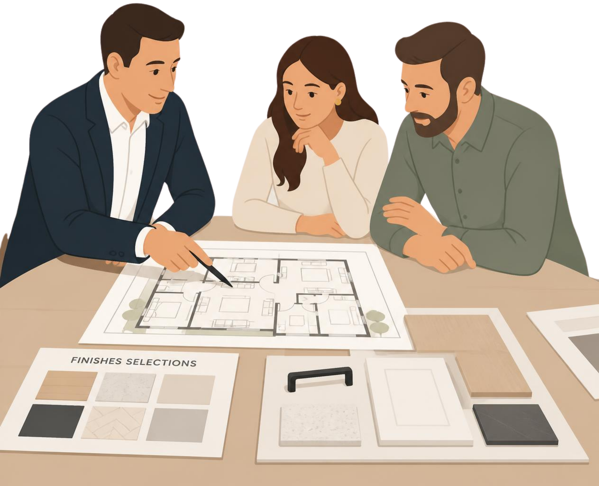 A group of three people sitting at a table analyzing a detailed architectural or building plan. The table has color swatches and a paper labeled 'Finishes Selections'. The scene suggests an interior design or architecture planning session.