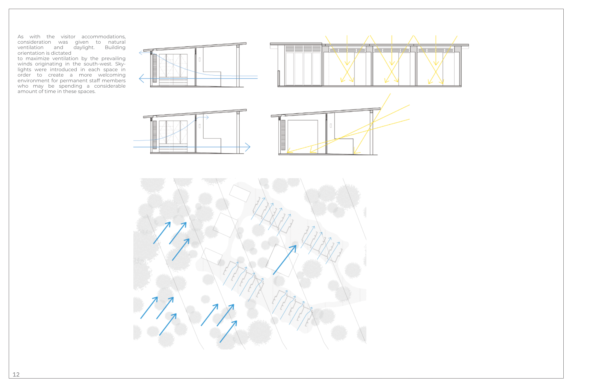 Architectural design plan with cross-section and top view, illustrating airflow and ventilation features in a building, including skylights and wind direction indicators.