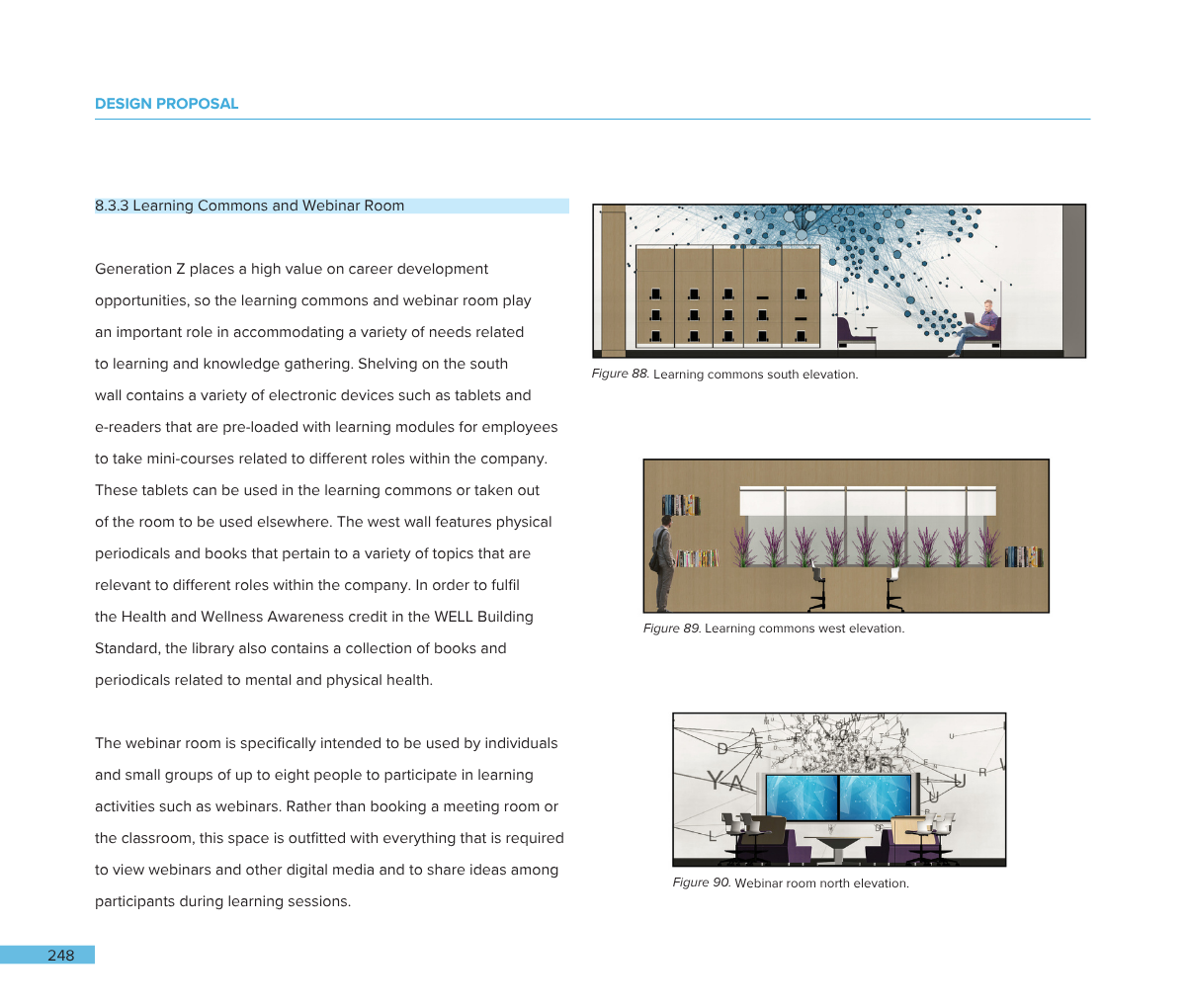 Page from a design proposal document showing illustrations of learning commons and webinar rooms, including views of south, west, and north elevations with furniture, plants, books, and digital media setup.