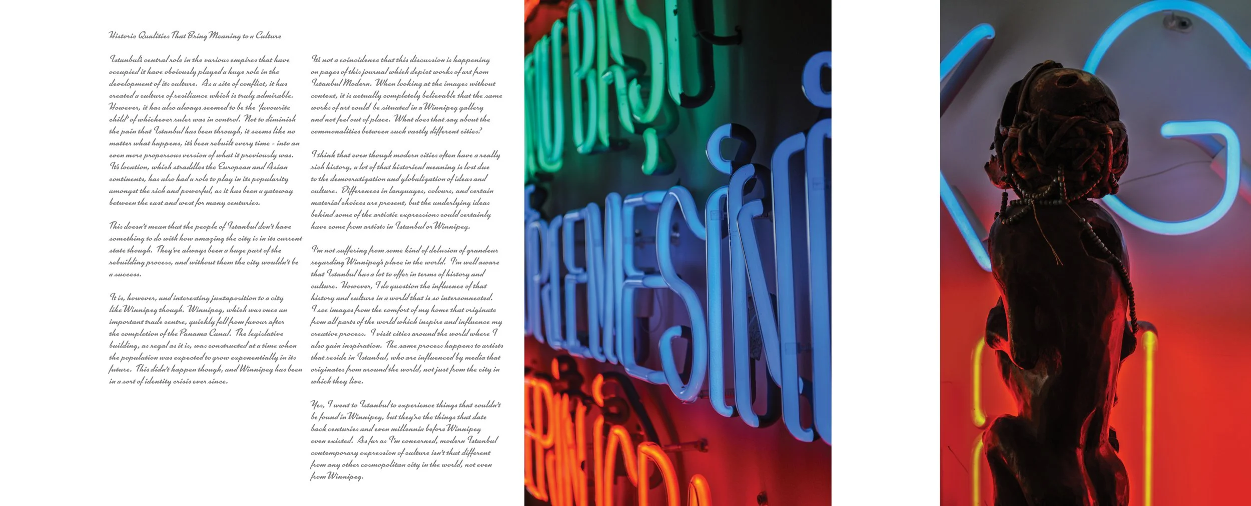 A split image with a newspaper or article on the left side and neon signs and a sculpture or art piece on the right side.