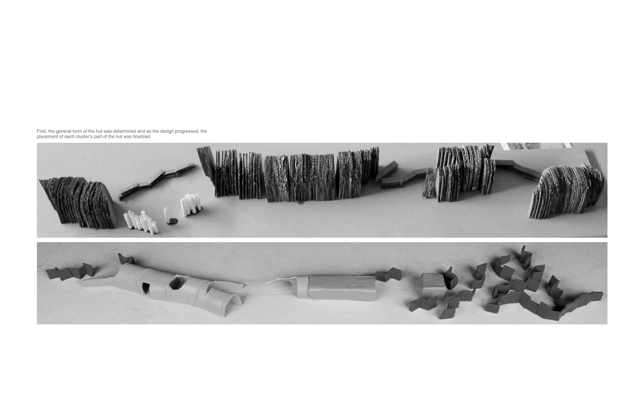 First, the general form of the hut was determined and as the design progressed, the placement of each cluster’s part of the hut was finalized.