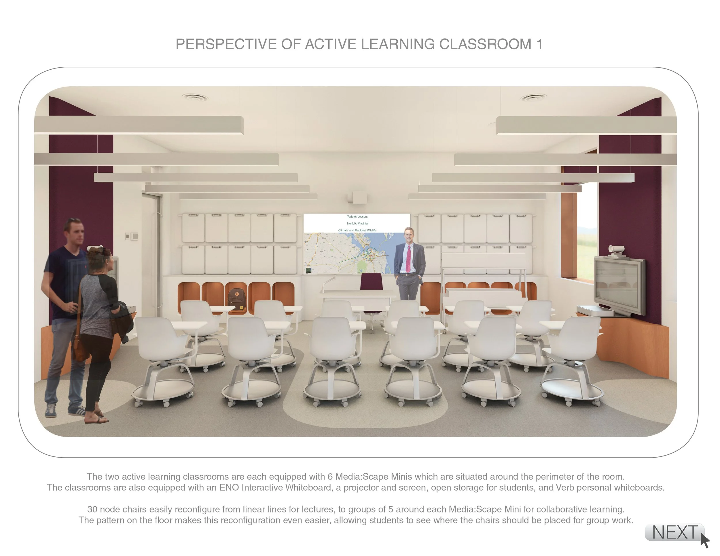 View of an active learning classroom with white walls, a purple accent wall, and ceiling lights. There are several white chairs arranged around tables and a whiteboard displaying a map and lesson info. Several people are standing and talking. A TV an
