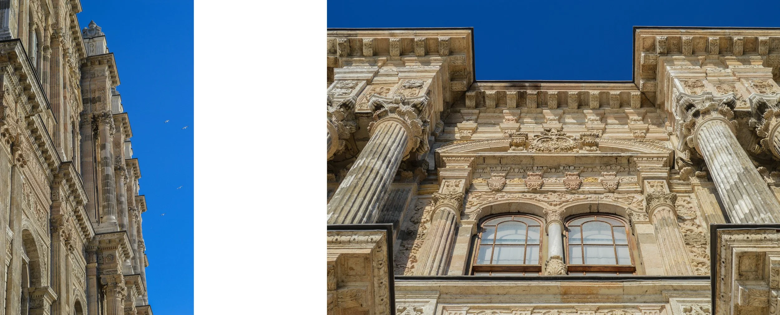 Close-up of ornate, historical stone building with detailed carvings, columns, and arched windows under a clear blue sky.