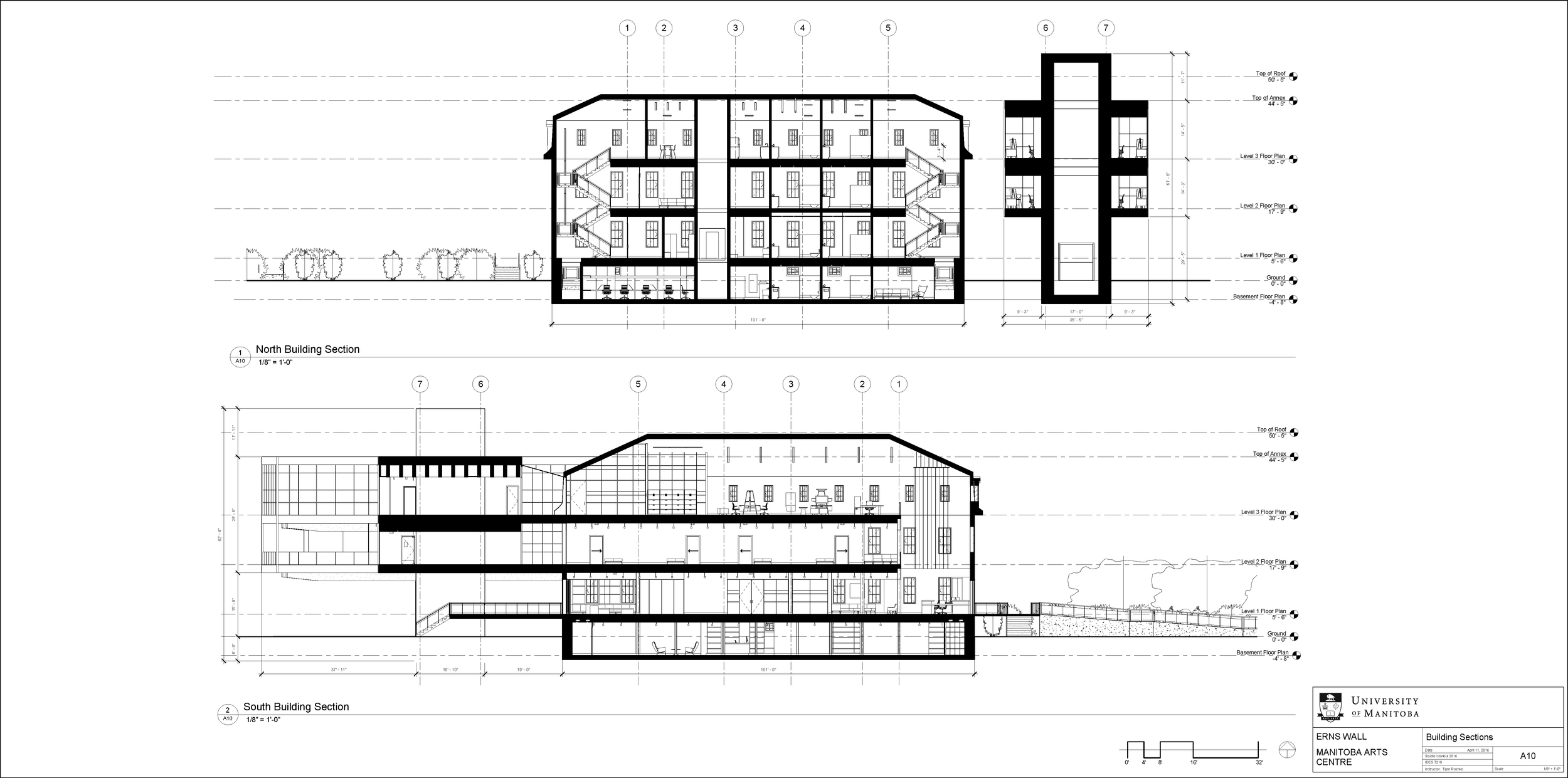 Architectural drawing of building sections for a university campus, showing floors, staircases, and structural details.