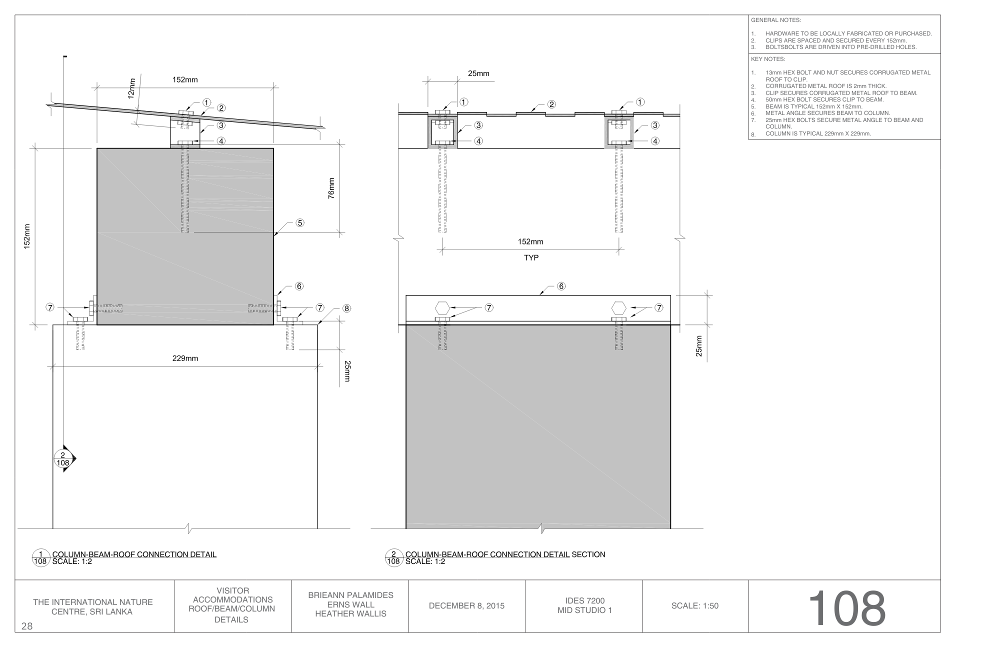 Architectural technical drawing of column-beam-roof connection detail, including measurements and annotations in black and white, with a grey shaded section.
