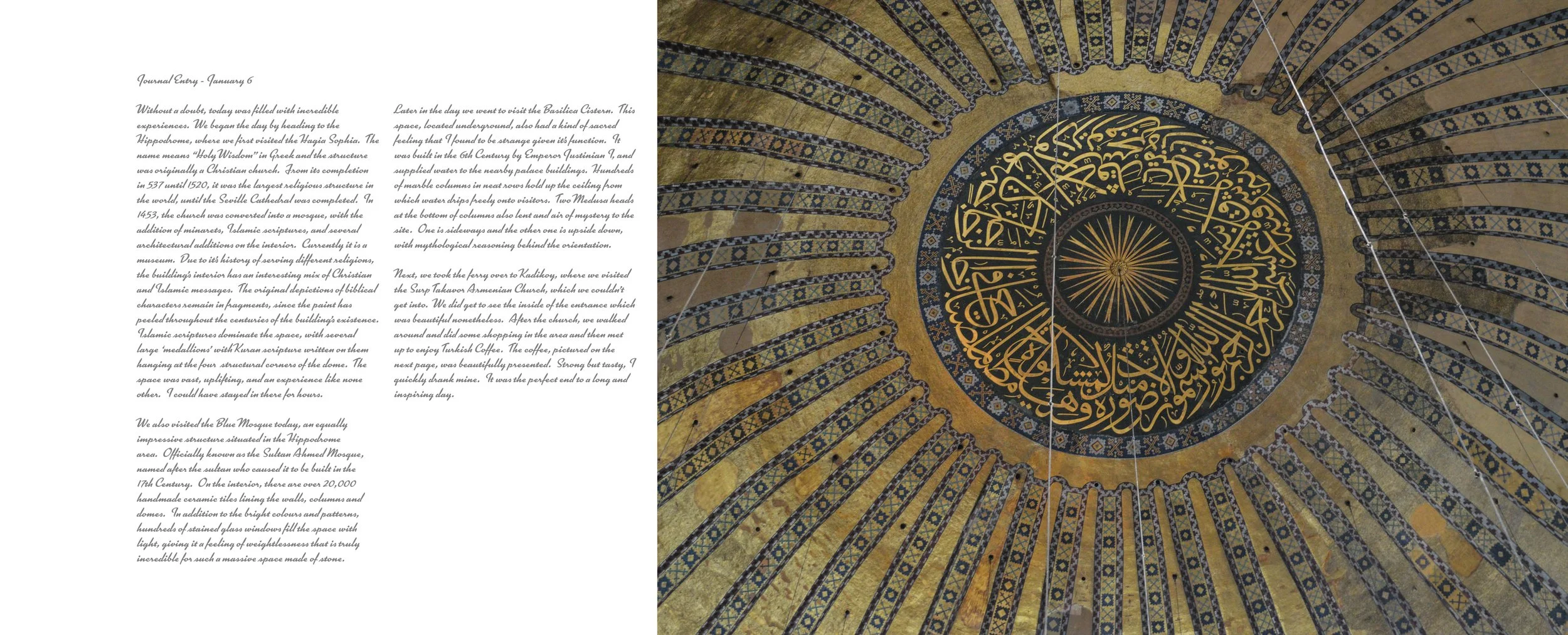 A booklet open to a two-page spread with a handwritten journal entry on the left and an intricate circular ceiling decoration with Arabic calligraphy on the right.