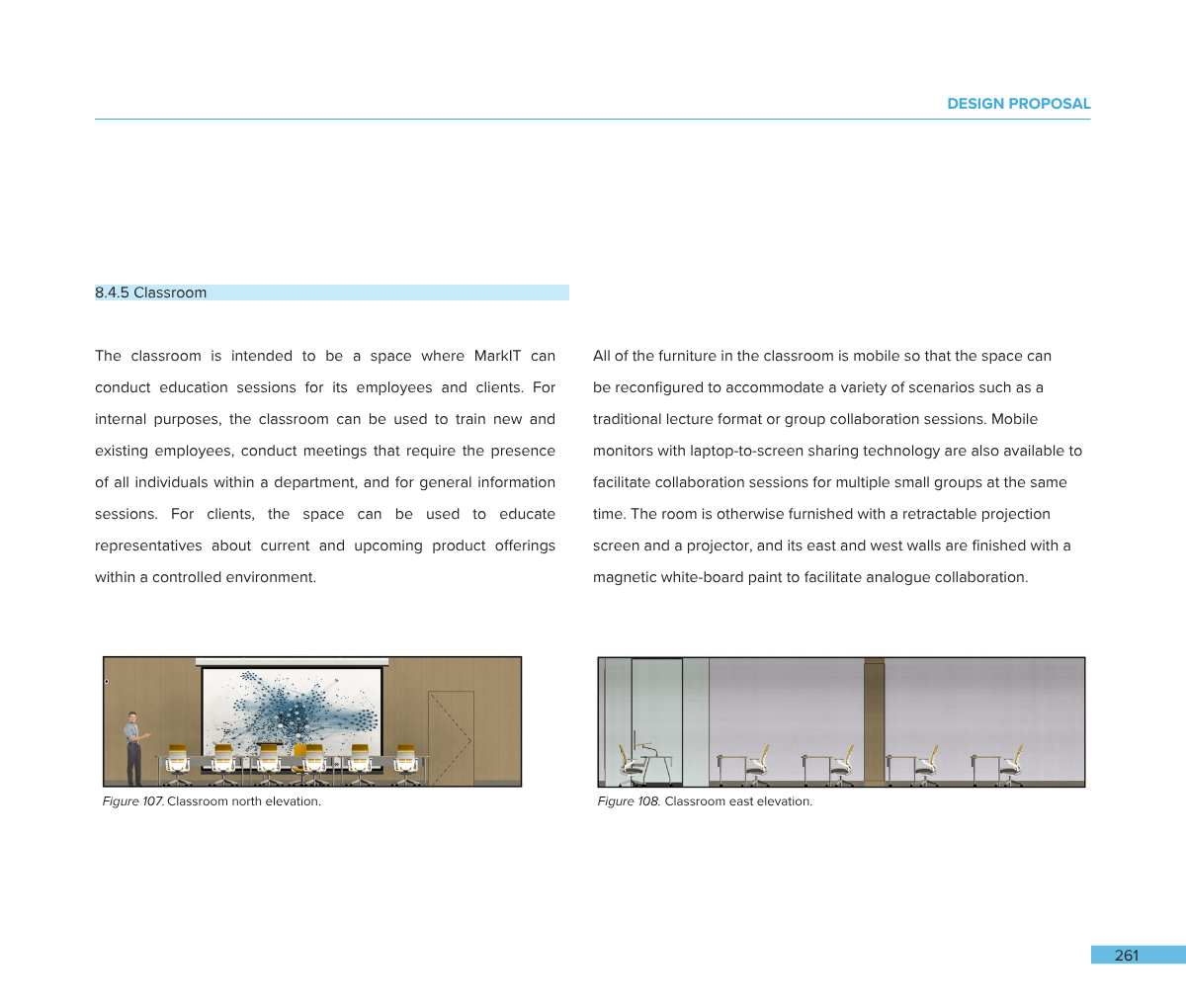 Design proposal page with two illustrations of classroom north and east elevations, showing mobile furniture, projection screen, and collaborative technology.