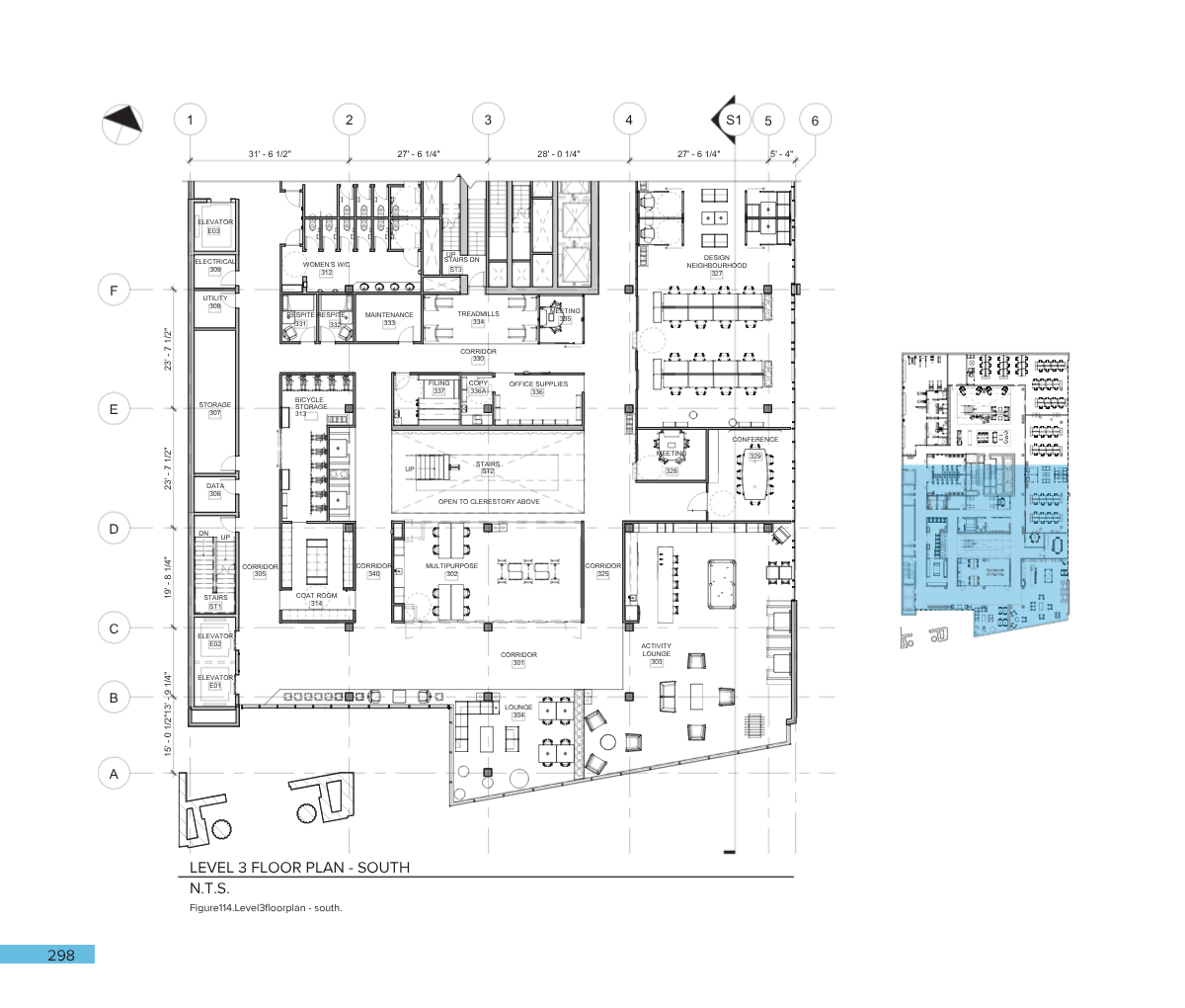 Detailed architectural floor plan of the third level south section of a building, showing various rooms, corridors, and amenities such as elevators, conference room, lounge, activity zone, storage, utility, and design neighborhood.