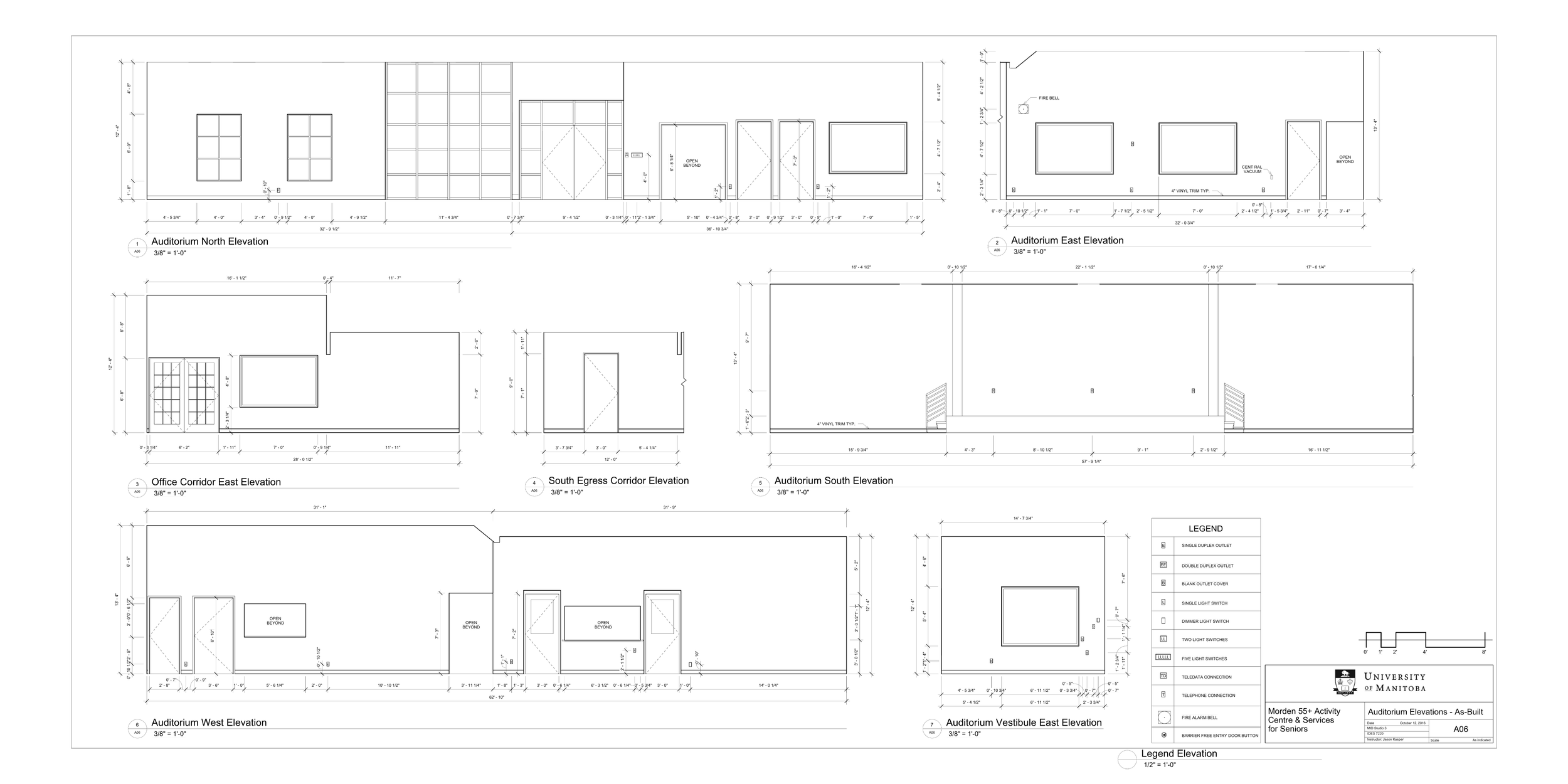 Architectural blueprints for a building, showing multiple elevations and sections, including auditorium, office corridor, and vestibule, with measurements and labels.