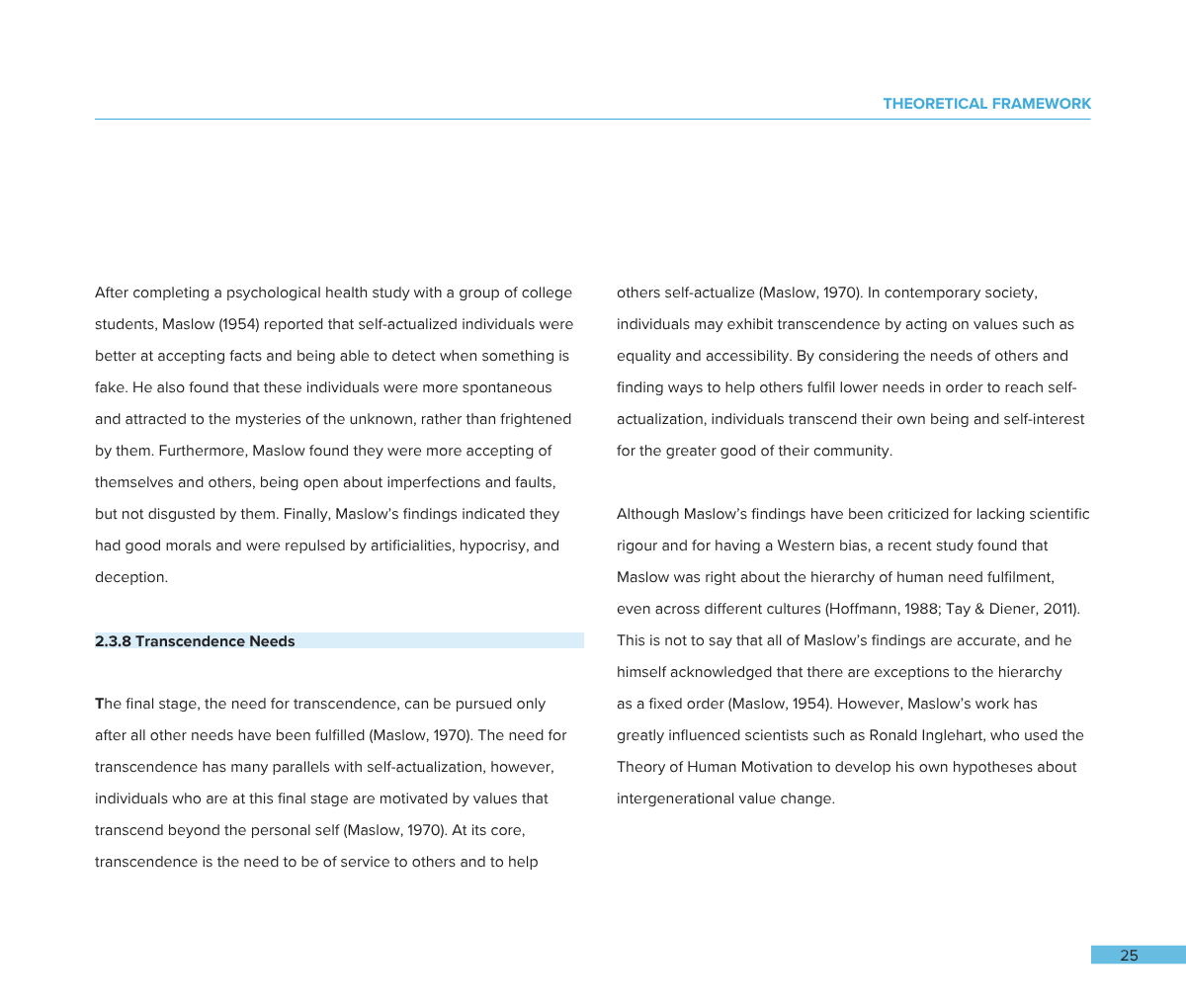 Open book or report page titled 'Theoretical Framework' with text discussing Maslow's psychological needs theory, including self-actualization and transcendence.